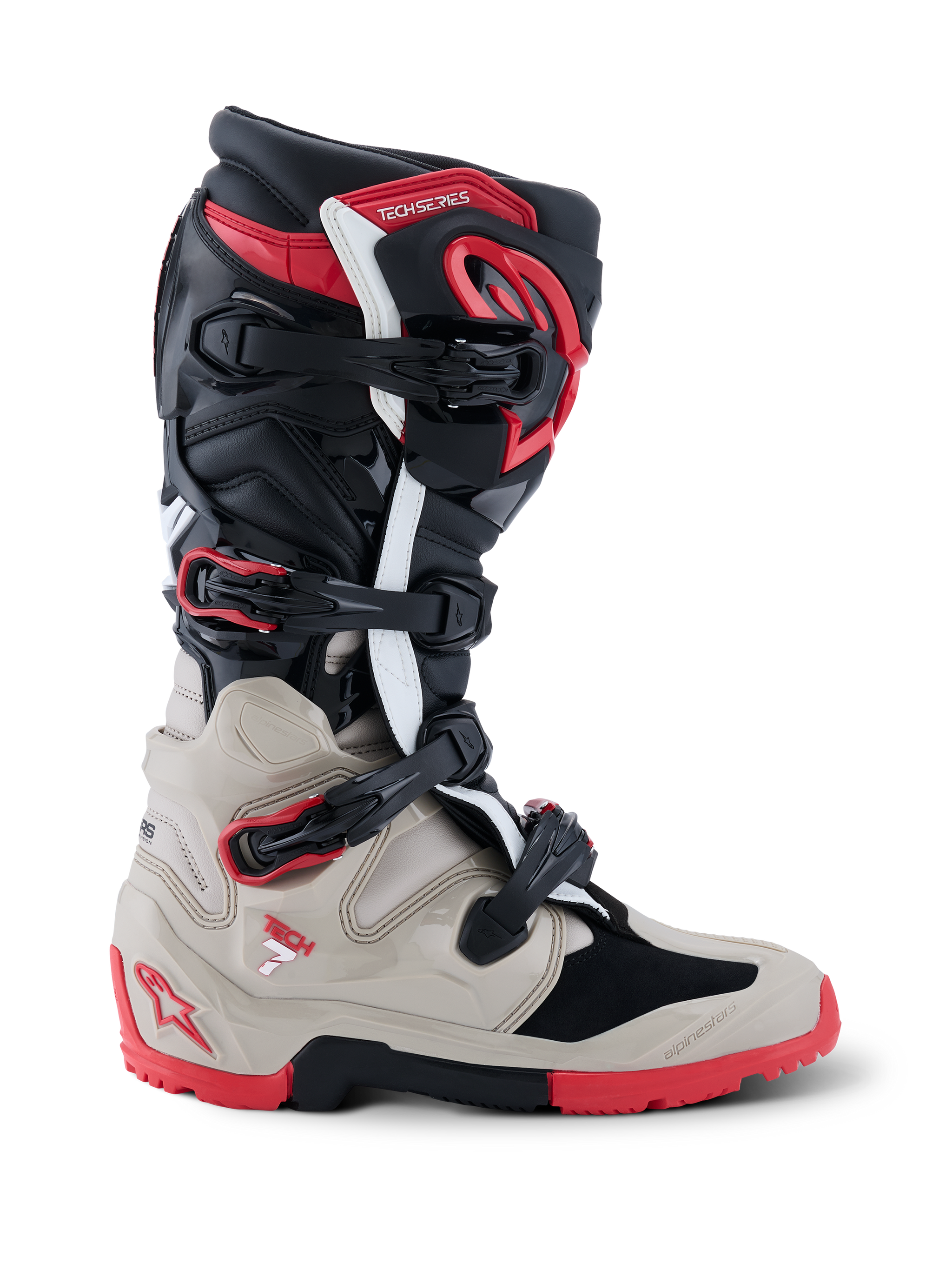 Alpinestars 2026 Tech 7 Enduro Boots, off-road motorcycle boots in Black, Light Gray, and Bright Red, side profile view showing the multi-buckle system and extensive TPU impact protection.