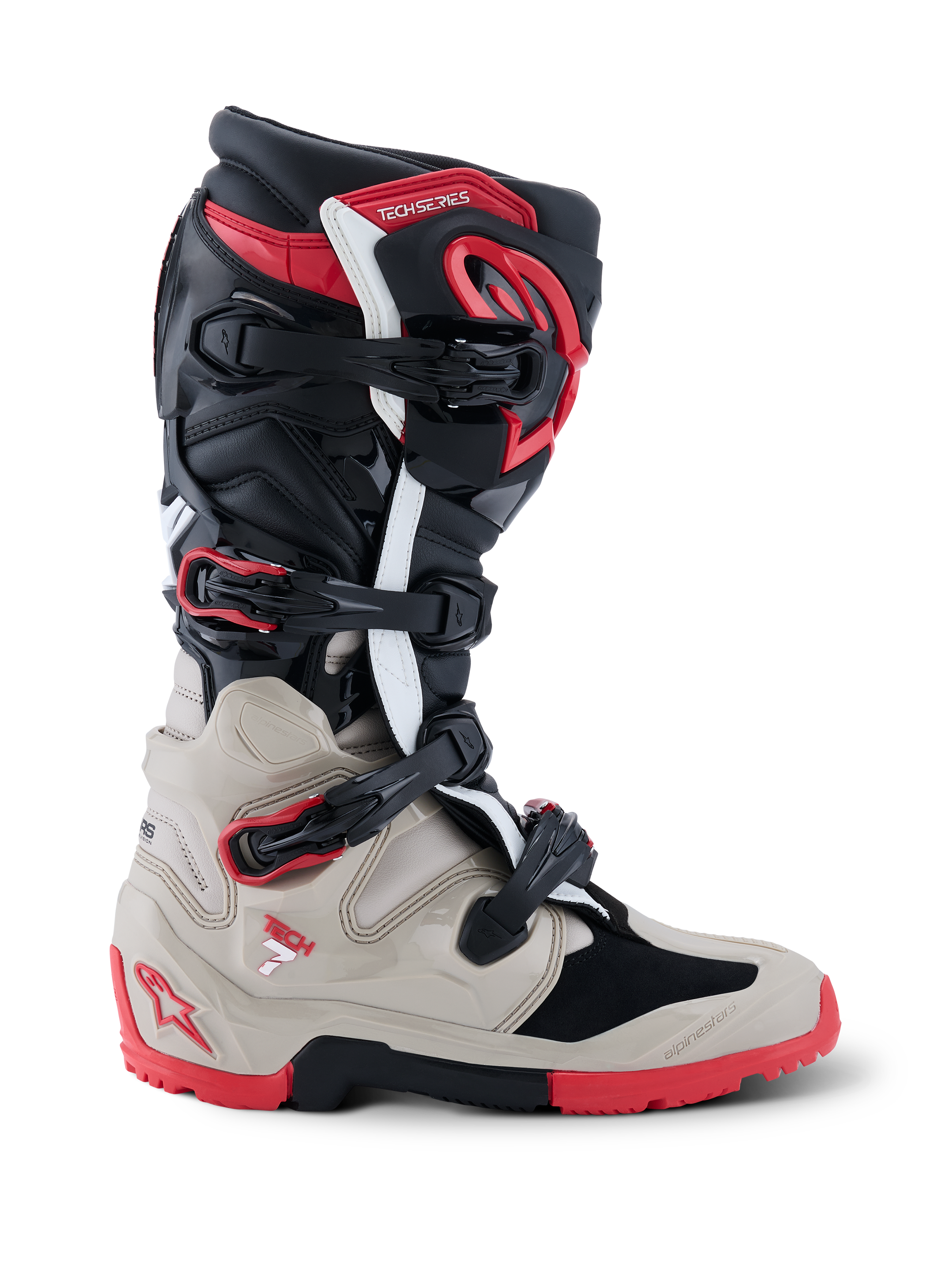 Alpinestars 2026 Tech 7 Enduro Boots, off-road motorcycle boots in Black, Light Gray, and Bright Red, side profile view showing the multi-buckle system and extensive TPU impact protection.