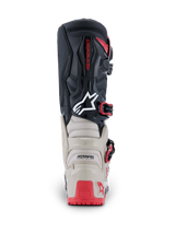Alpinestars 2026 Tech 7 Enduro Boots, Rear View, Black Light Gray and Bright Red, featuring reinforced TPU protection on the heel and calf, white Astars logo, and red buckle accents, durable construction for off-road racing