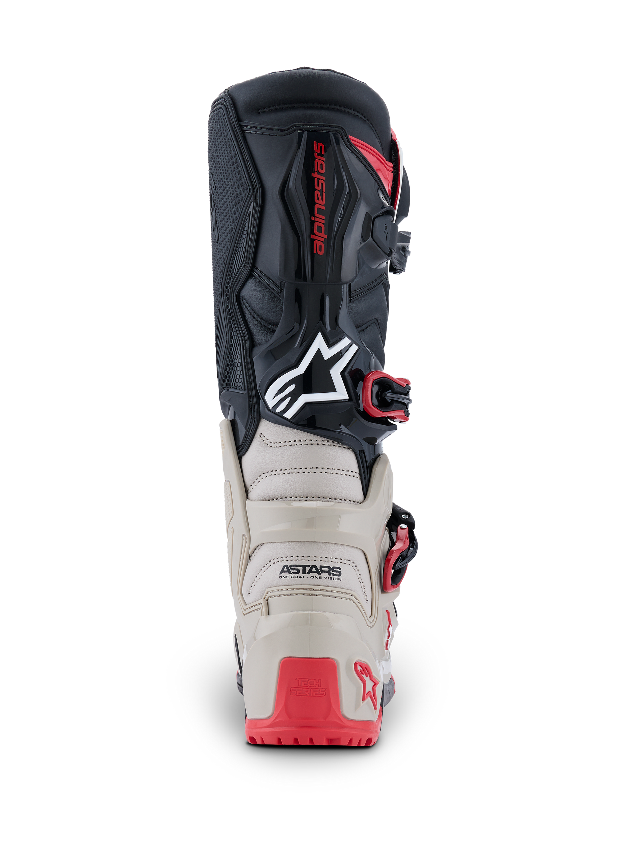 Alpinestars 2026 Tech 7 Enduro Boots, Rear View, Black Light Gray and Bright Red, featuring reinforced TPU protection on the heel and calf, white Astars logo, and red buckle accents, durable construction for off-road racing