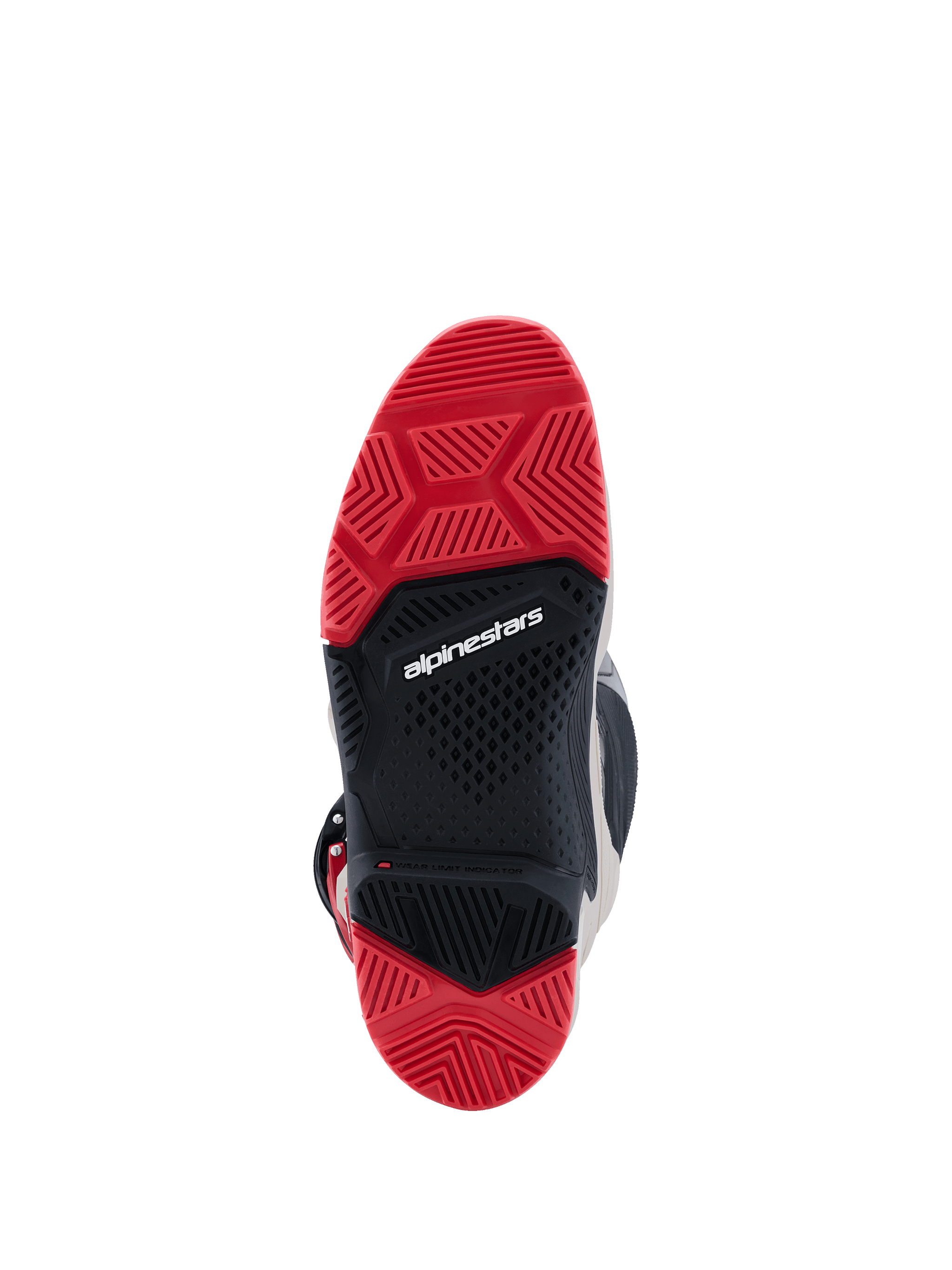 Alpinestars 2026 Tech 7 Enduro Boots, bottom view of the dual compound sole, bright red and black rubber with a specialized tread pattern for off-road grip, featuring the white Alpinestars logo in the center.