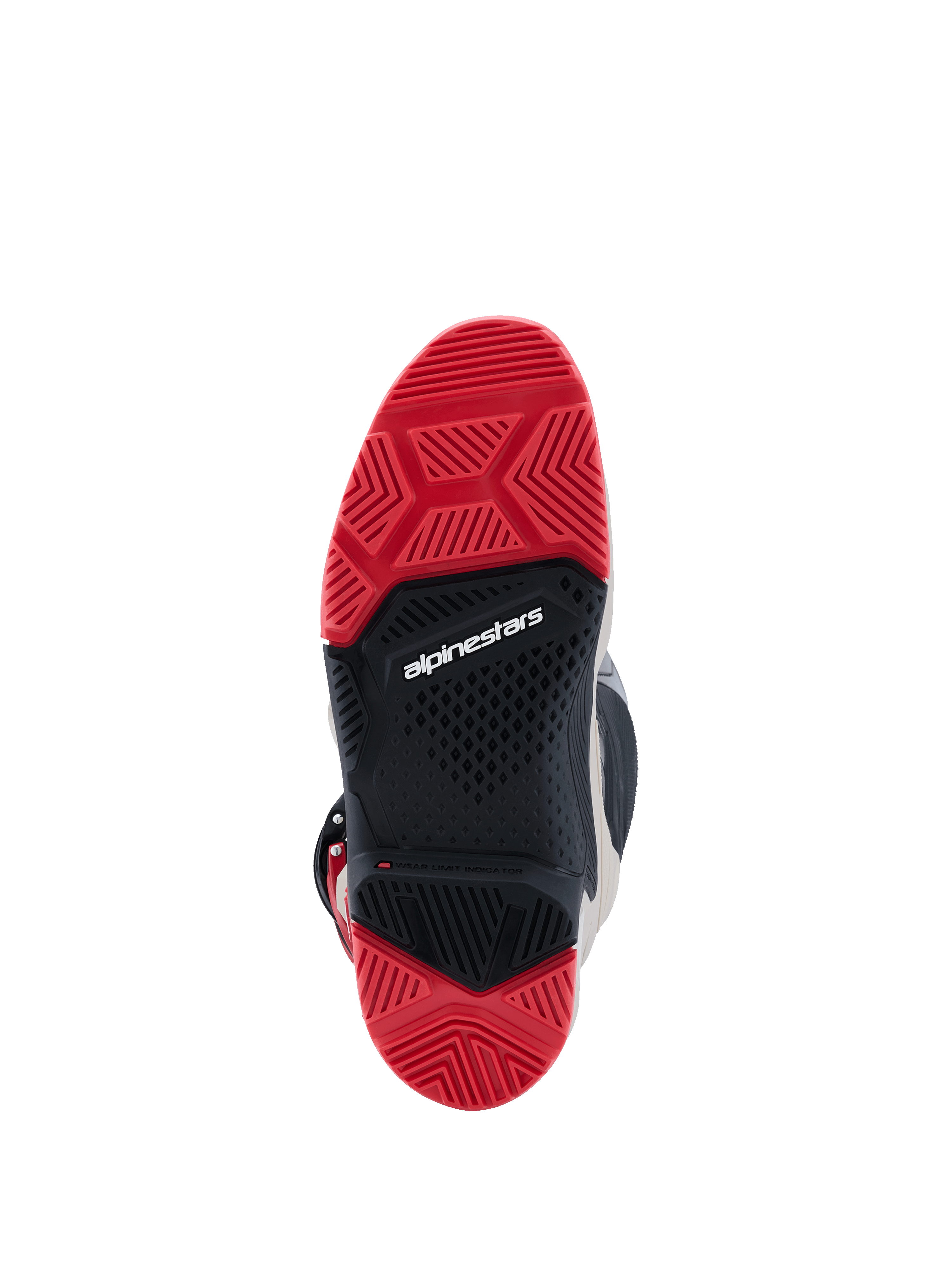 Alpinestars 2026 Tech 7 Enduro Boots, bottom view of the dual compound sole, bright red and black rubber with a specialized tread pattern for off-road grip, featuring the white Alpinestars logo in the center.