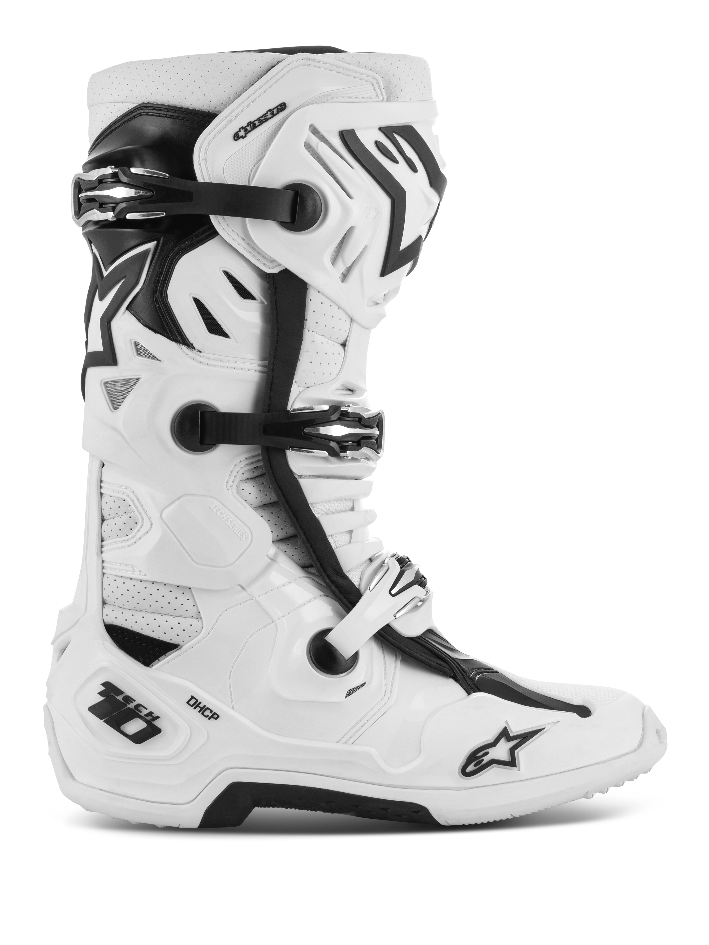 Alpinestars Tech 10 Supervented Boots, Motocross Off-Road Racing Boots, White and Black, featuring multiple adjustable buckles, perforated ventilation panels, and a rugged protective high-top design