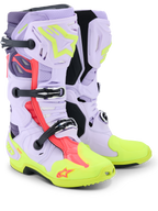 Alpinestars Tech 10 Supervented Boots, Motocross Boots, Purple Yellow Fluo and Diva Pink, featuring perforated microfiber construction for maximum airflow, mechanical buckle system, bright neon yellow toe and sole, and vibrant pink accents.