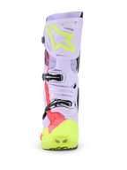 Alpinestars Tech 10 Supervented Boots, Motocross Boots, Purple Yellow Fluo and Diva Pink, front-facing view highlighting the buckle system and ventilated shin plate, professional-grade off-road footwear with perforated microfiber upper