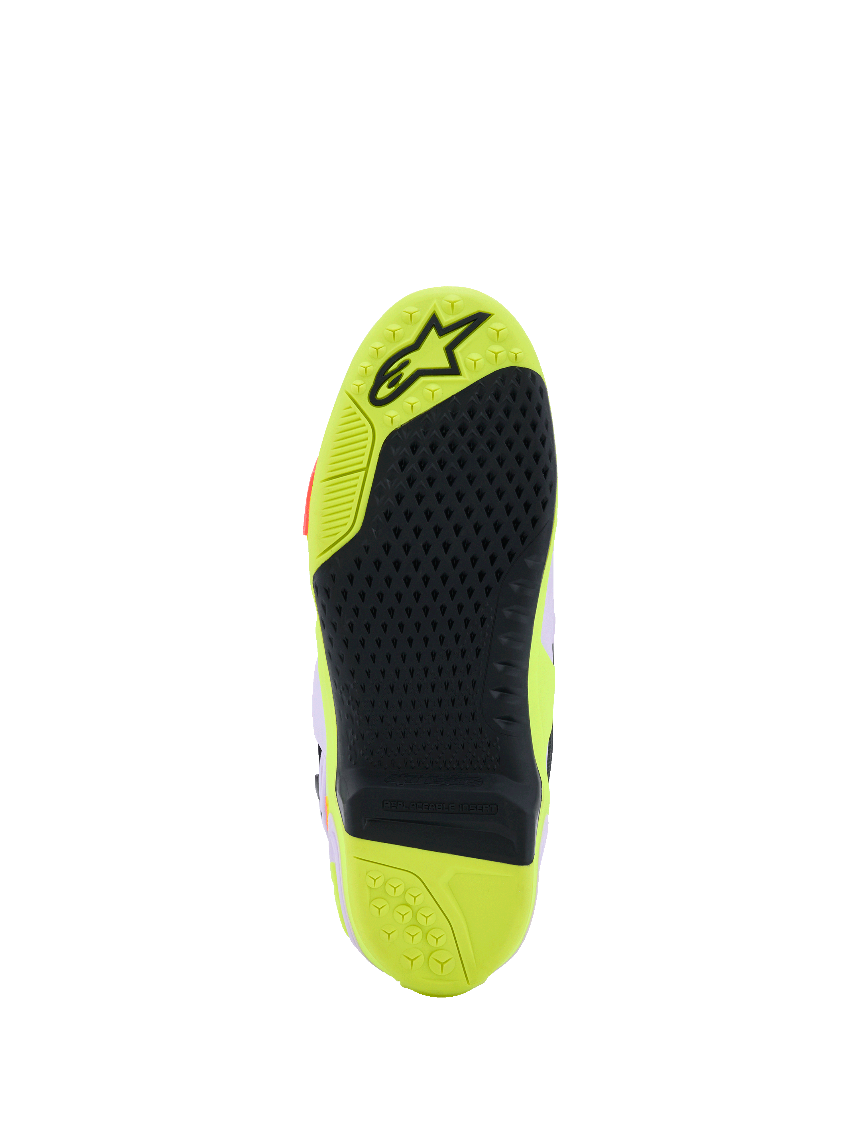 Alpinestars Tech 10 Supervented Boots, detailed sole view, Yellow Fluo and Black, featuring a honeycomb grip pattern, replaceable central insert, and textured surface for foot-peg traction