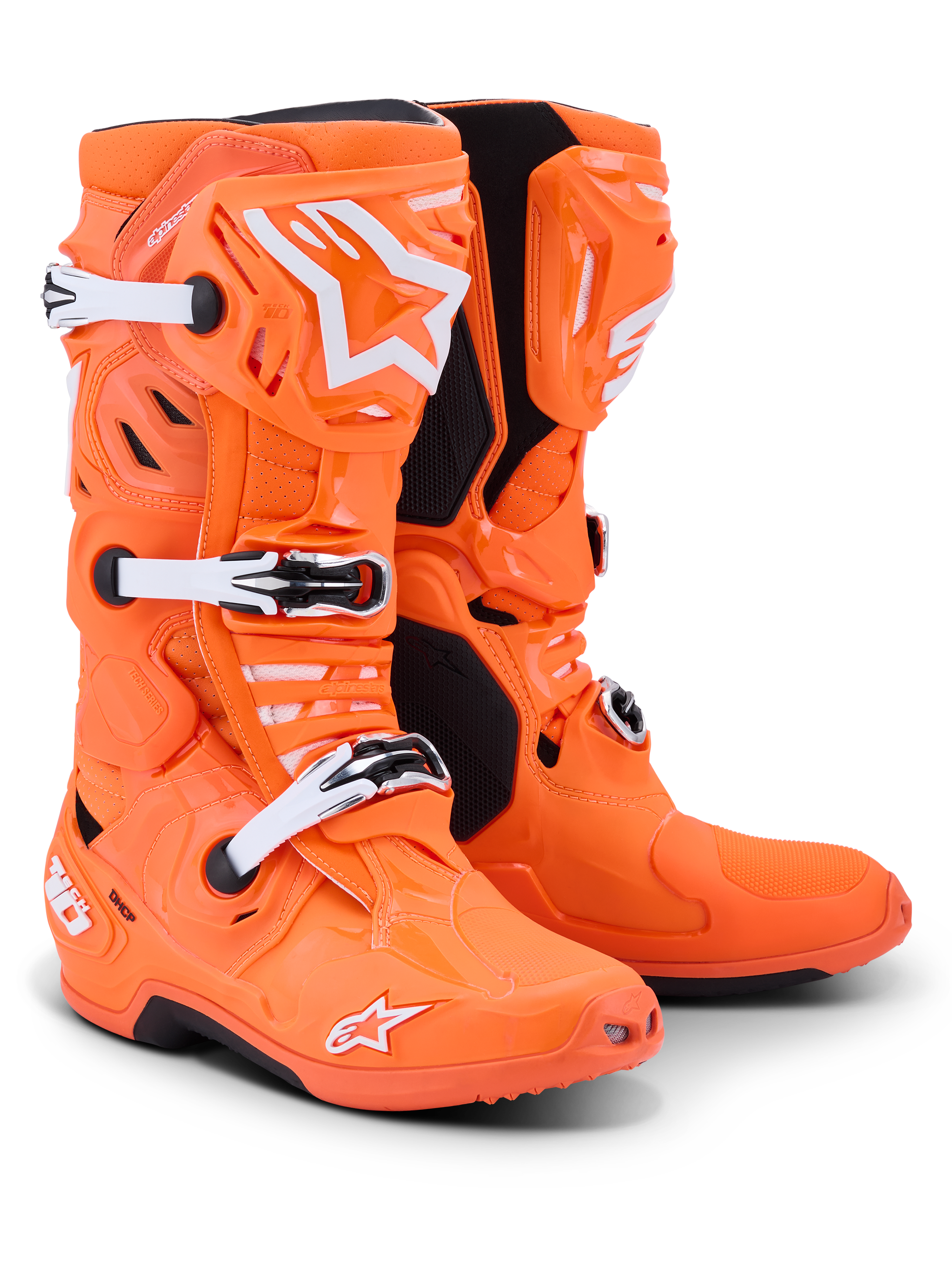 Alpinestars Tech 10 Supervented Boots, Motocross Boots, Orange Fluo with White and Black accents, featuring white adjustable buckles, ventilated TPU shin plate, and bold Alpinestars logo, high-performance footwear for off-road racing