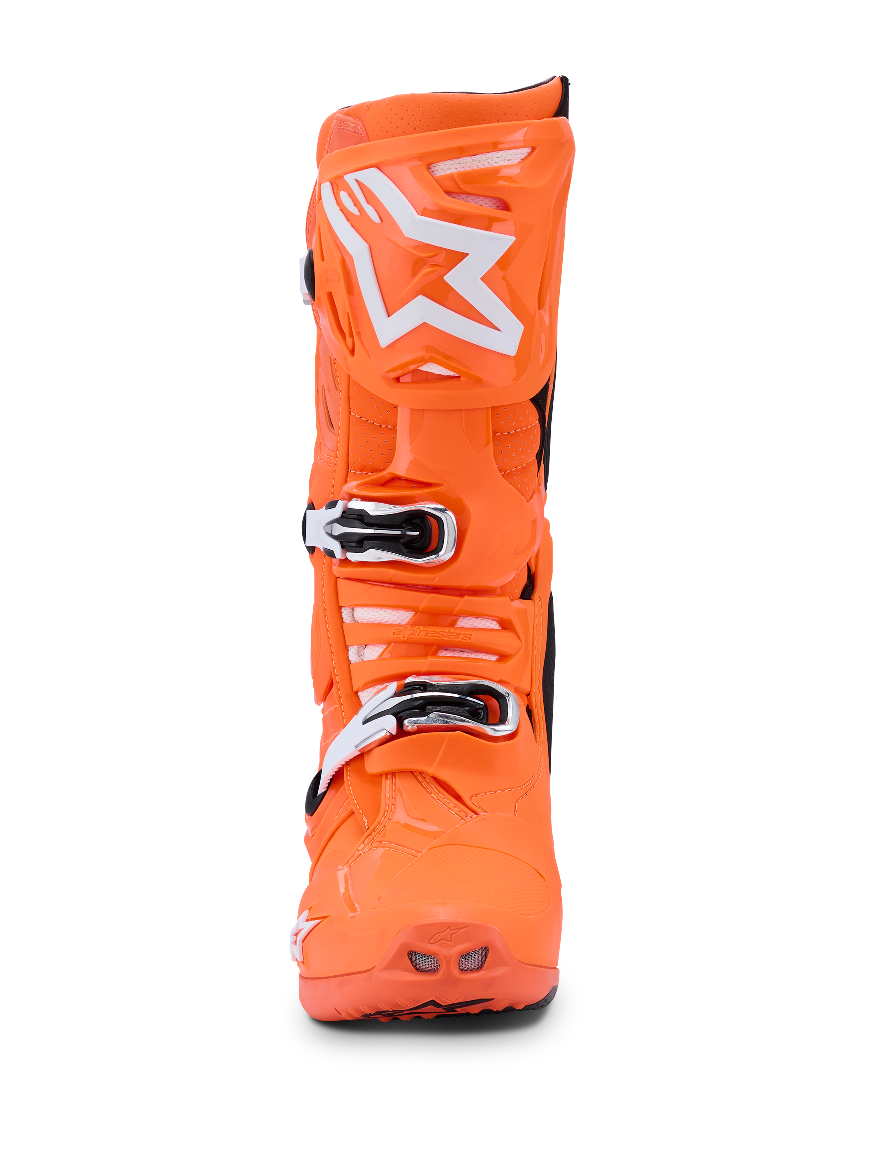 Alpinestars Tech 10 Supervented Boots, Orange Fluo Black White, front view of a single bright neon orange motocross boot, white Alpinestars star logo on the shin plate, mechanical buckles and perforated ventilation ports for off-road performance.