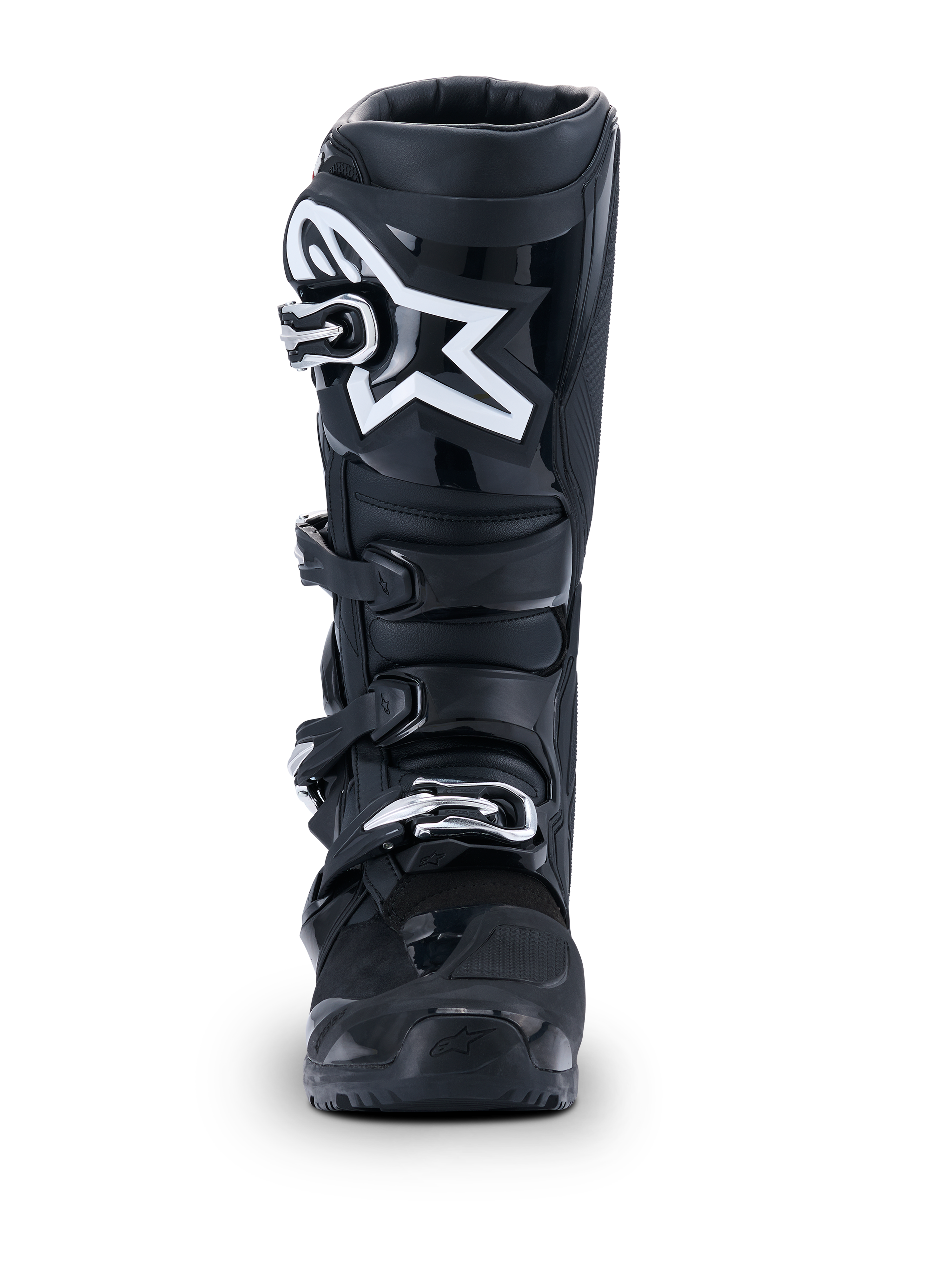 Alpinestars 2026 Tech 7 Enduro Drystar® Boots, Black Motocross Boots, front view, featuring a durable four-buckle closure system and prominent white star logo on the shin area, designed for off-road and enduro performance