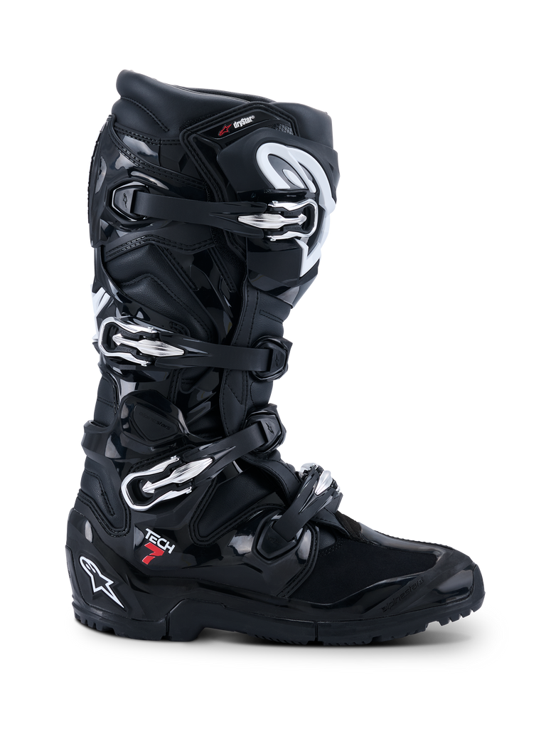 Alpinestars 2026 Tech 7 Enduro Drystar® Boots, Black off-road motorcycle boots, profile view featuring four silver buckle closures, rugged dual-compound enduro sole, and extensive TPU protection with matte and glossy black finishes.