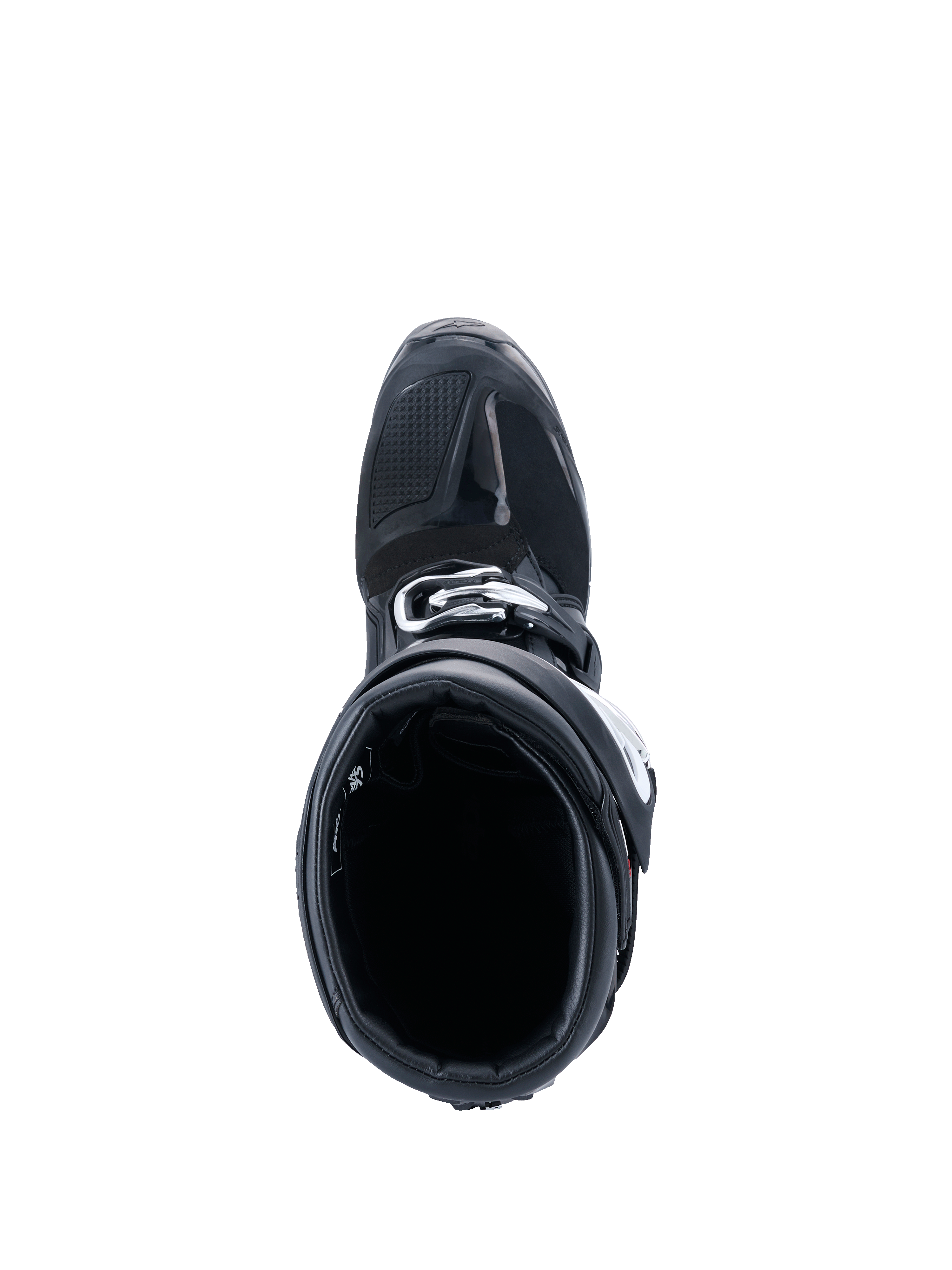 Alpinestars 2026 Tech 7 Enduro Drystar® Boots, Motocross Boots, Black, top-down view looking into the interior opening, showing the reinforced toe section and buckle closure, durable off-road protective gear