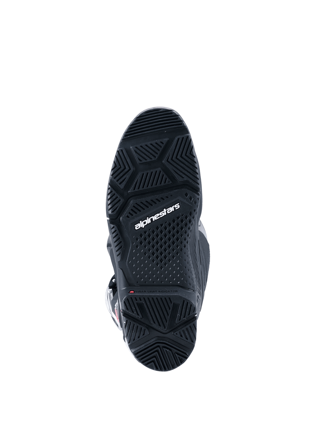 Alpinestars 2026 Tech 7 Enduro Drystar® Boots, Black, bottom view of the specialized dual-compound enduro sole, featuring geometric tread patterns for all-terrain grip and white Alpinestars logo