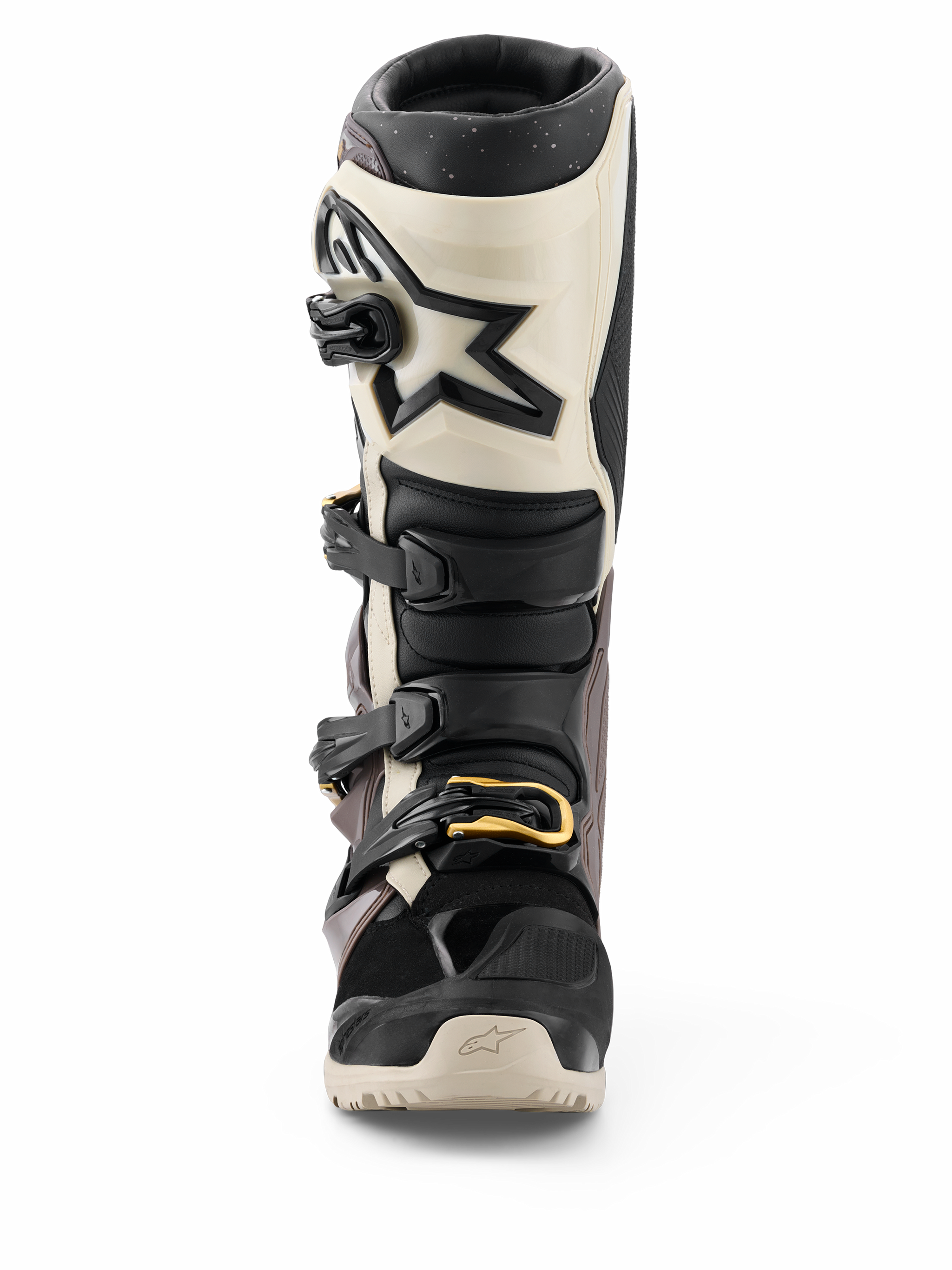 Alpinestars 2026 Tech 7 Enduro Drystar® Boots, Black Dark Gray and Gold, waterproof off-road motorcycle boots, front view featuring multi-buckle closure system with gold accents, TPU shin protection, and star logo design.