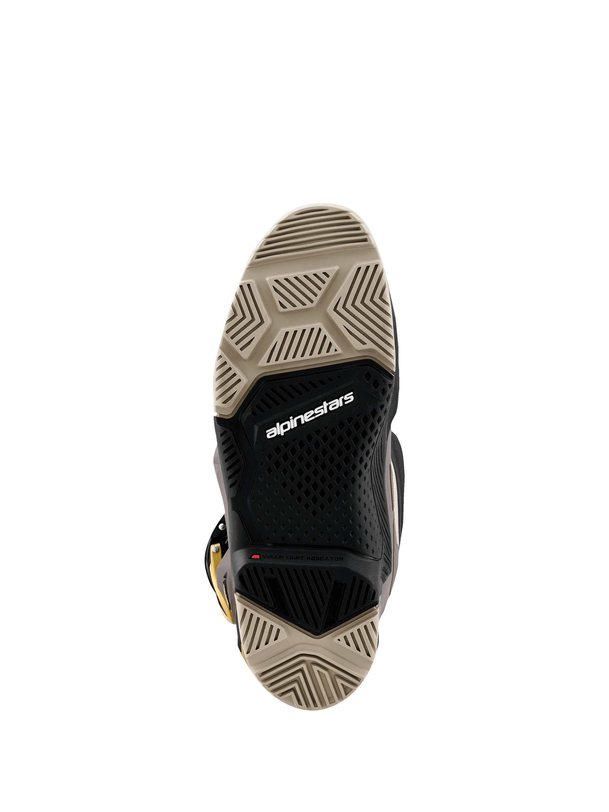Alpinestars 2026 Tech 7 Enduro Drystar® Boots, bottom view showing the dual-compound sole, tan and black specialized tread patterns for maximum grip, featuring white Alpinestars logo and red wear limit indicator.