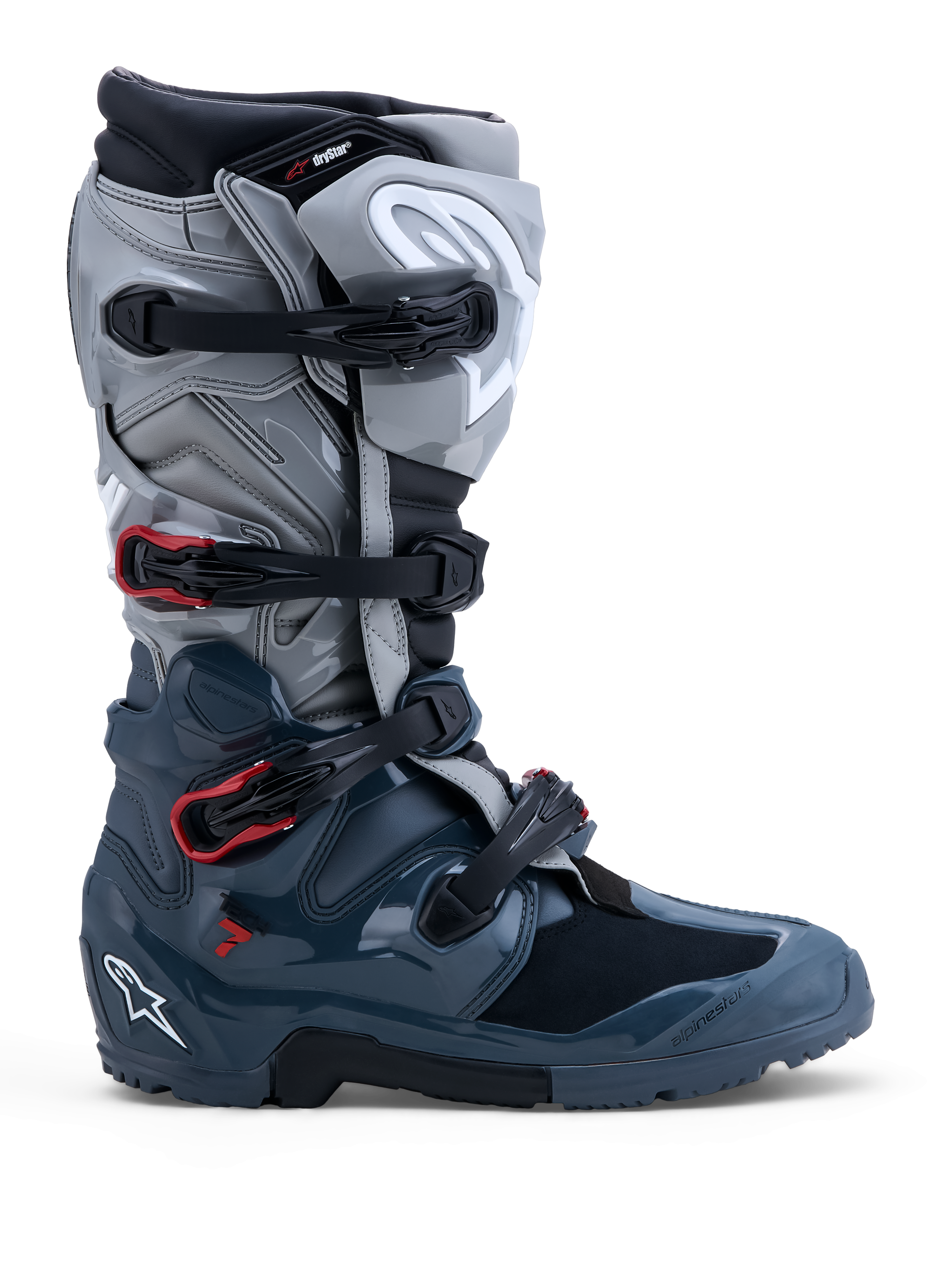 Alpinestars Tech 7 Enduro Drystar Boots, waterproof off-road motorcycle boots, Men's, Dark Gray, Mid Gray, and Red accents.