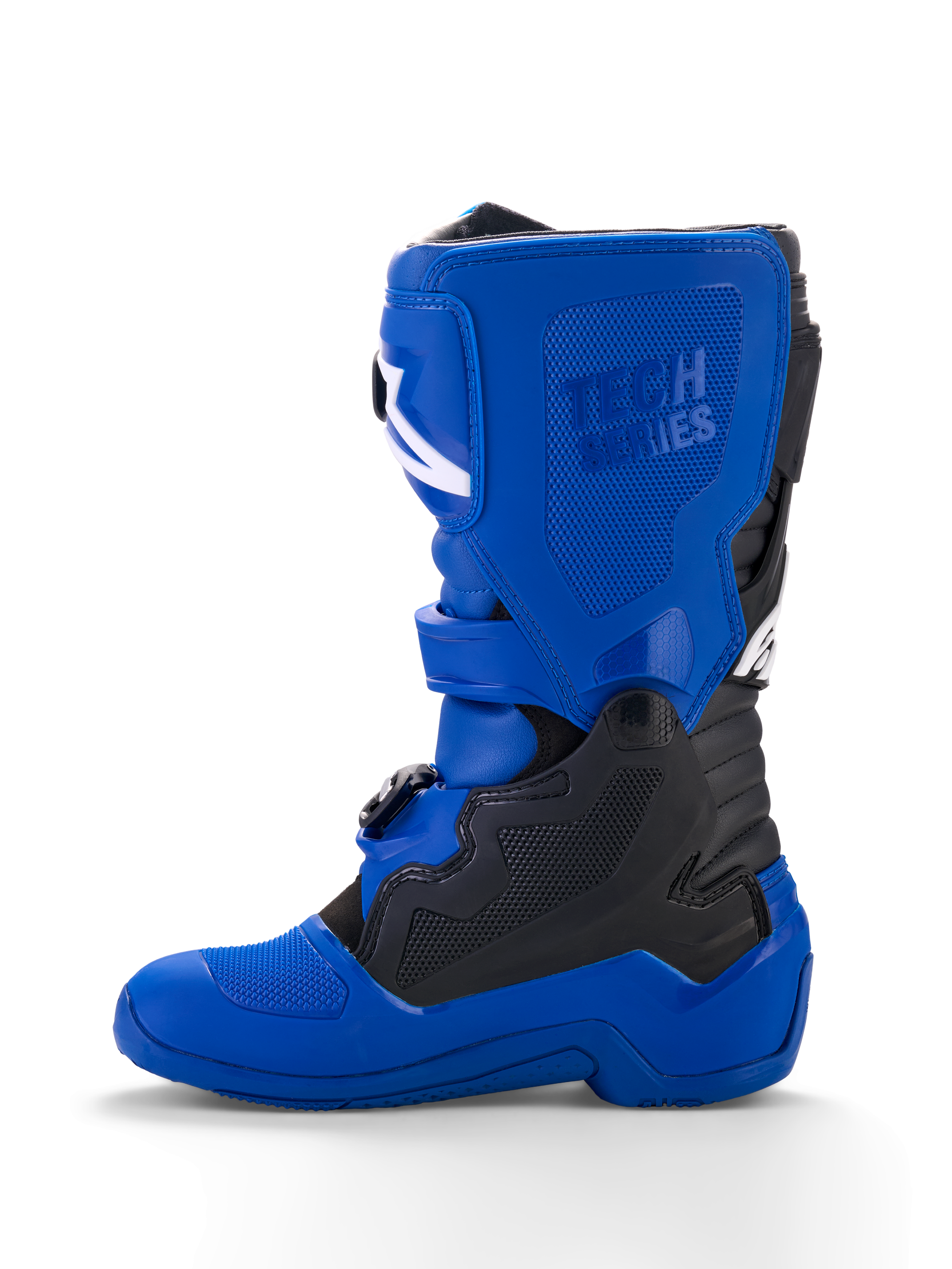 Alpinestars Yamaha Youth Tech 7S Boots, Youth Motocross Boots, Blue with Black and White accents, side profile view, featuring embossed 'Tech Series' branding, TPU protective panels, buckle closure system, and a durable blue sole for off-road performance.