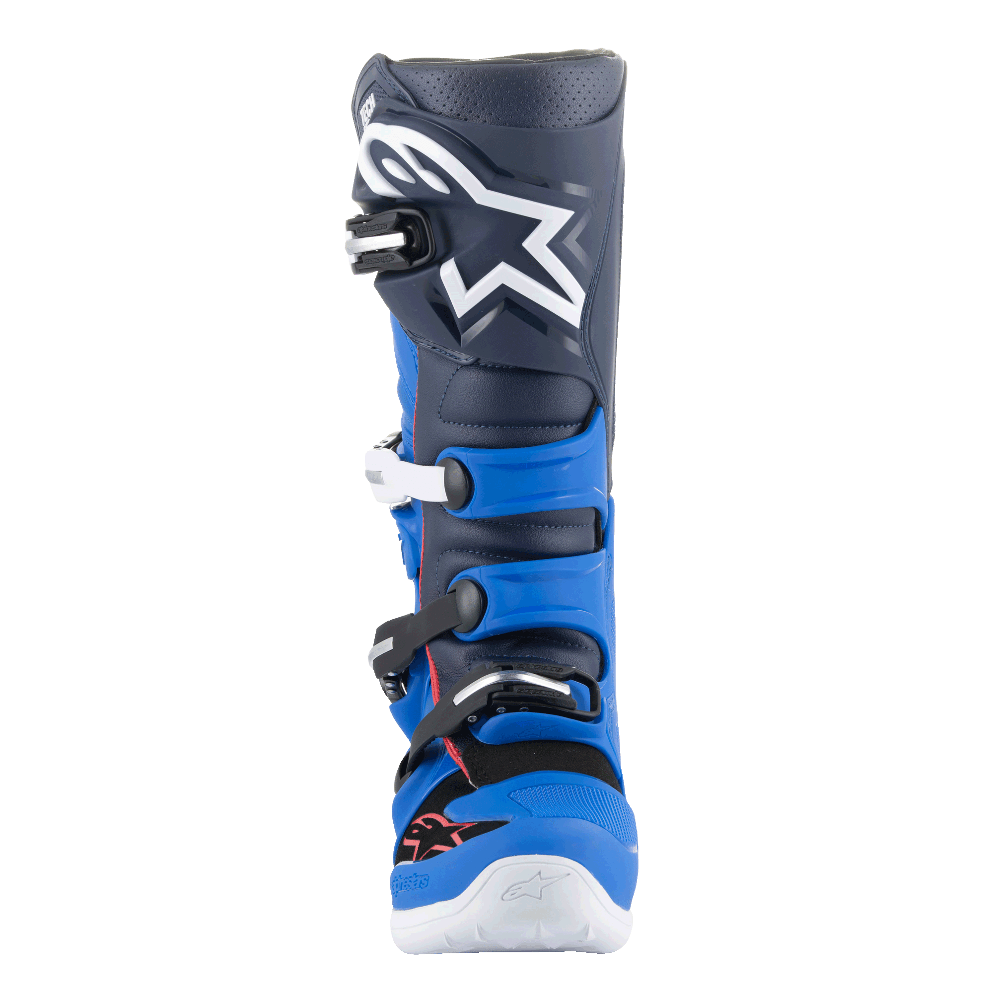 Alpinestars Tech 7 Boots, Motocross Boots, Alpine Blue, Night Navy and Bright Red, front view featuring a dark navy upper with a large white Astars logo, bright blue TPU protective panels, and a buckle closure system, high-performance footwear for off-road riding.