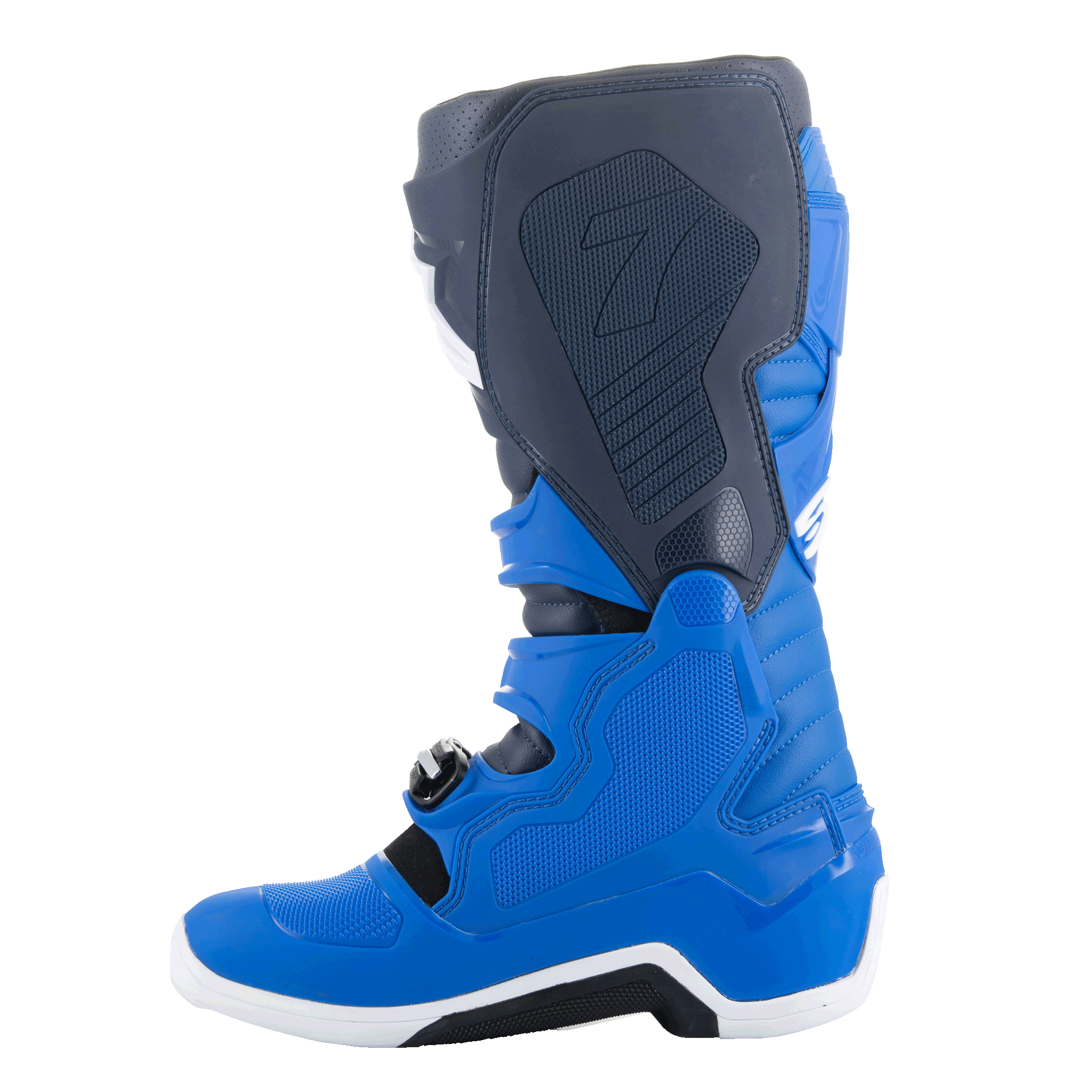 Alpinestars Tech 7 Boots, Motocross Boots, Alpine Blue, Night Navy, and Bright Red, medial side view showing protective TPU panels and reinforced construction for off-road racing