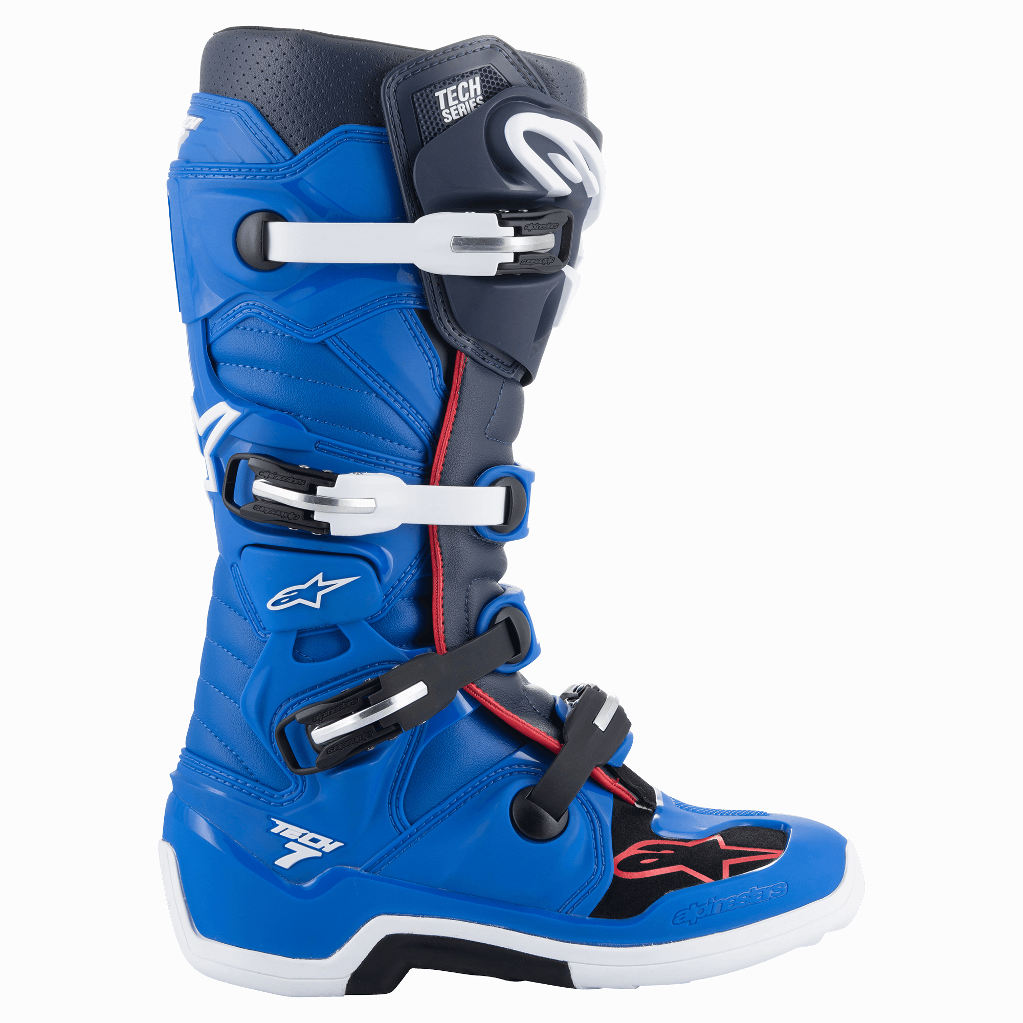 Alpinestars Tech 7 Boots, Motocross Boots, Alpine Blue, Night Navy and Bright Red, High-top design featuring a four-buckle closure system, white and black buckles, white sole with black midsection, red accent piping and Alpinestars branding, professional off-road racing protection.