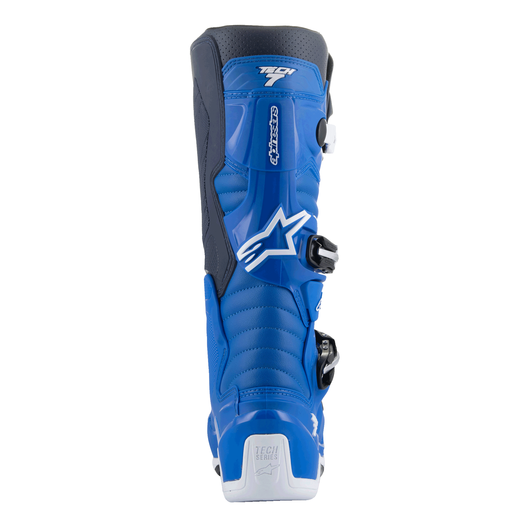 Alpinestars Tech 7 Boots, Motocross Boots, Alpine Blue and Night Navy with White accents, rear view showing the contoured calf protector, white heel reinforcement with Tech Series logo, and side-entry buckle system details.