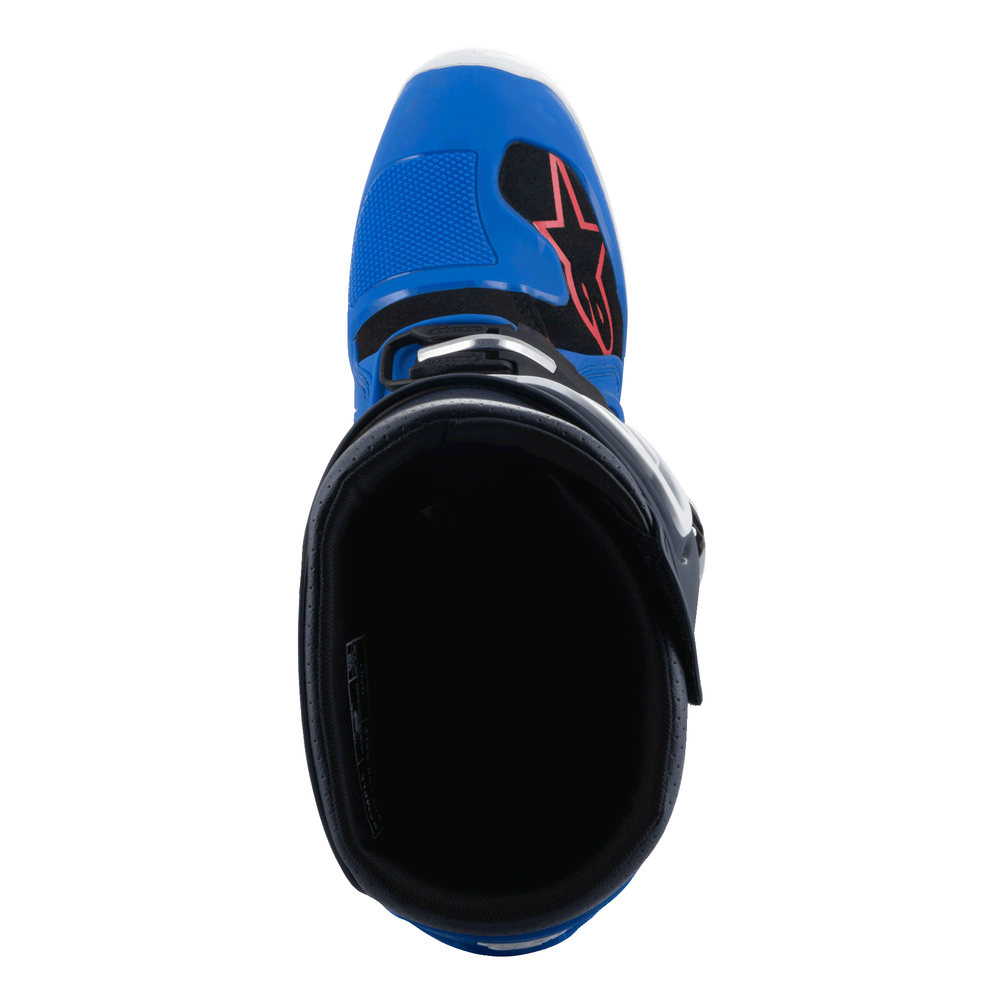 Alpinestars Tech 7 Boots, Motocross Boots, Alpine Blue Night Navy and Bright Red, top-down view looking into the boot interior, featuring a blue toe box with a red star logo and black lining, professional off-road racing footwear