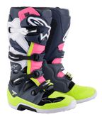 Alpinestars Tech 7 Boots, Motocross Boots, Dark Gray, Dark Blue, Pink Fluo, and Neon Yellow, featuring a multi-buckle closure system, TPU protection panels, and Alpinestars branding for off-road racing