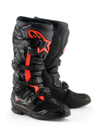 Alpinestars Tech 7 Boots, Motocross Boots, Black and Red Fluo, featuring four black buckles, TPU shin plate, and red Alpinestars star logo on the side, rugged off-road design.