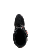 Alpinestars Tech 7 Boots, Motocross Boots, Black and Red Fluo, top-down view showing the interior lining and closure system, durable TPU construction with vibrant red accents for off-road racing performance