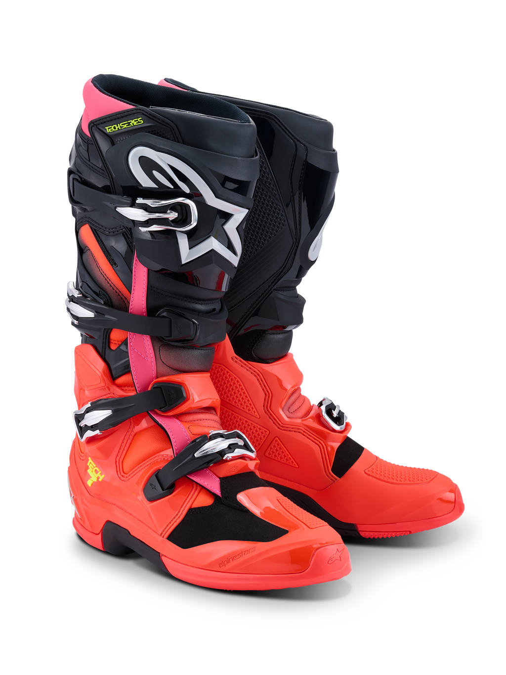 Alpinestars Tech 7 Boots, Motocross Boots, Black Red Fluo and Pink Fluo, featuring quick-release buckles, dual-pivot system, and TPU protective shell, durable performance gear for off-road riding