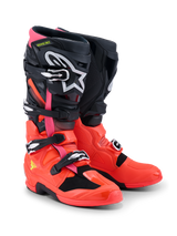 Alpinestars Tech 7 Boots, Motocross Boots, Black Red Fluo and Pink Fluo, featuring quick-release buckles, dual-pivot system, and TPU protective shell, durable performance gear for off-road riding