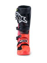 Alpinestars Tech 7 Boots, Motocross Boots, Black Red Fluo and Pink Fluo, front view featuring black shin plate with large white Astars logo, fluorescent red and pink lower chassis, and silver buckle closure system