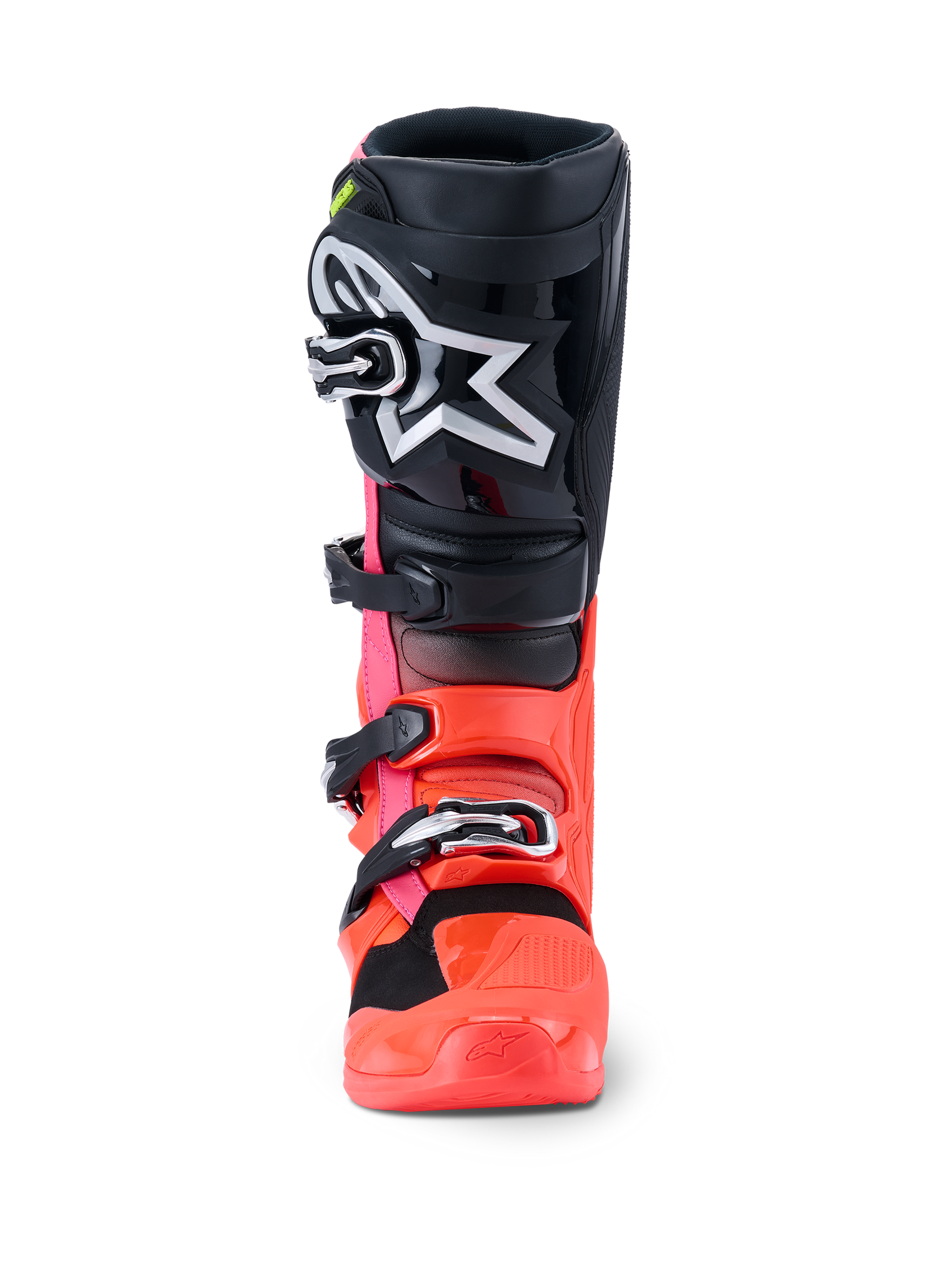 Alpinestars Tech 7 Boots, Motocross Boots, Black Red Fluo and Pink Fluo, front view featuring black shin plate with large white Astars logo, fluorescent red and pink lower chassis, and silver buckle closure system