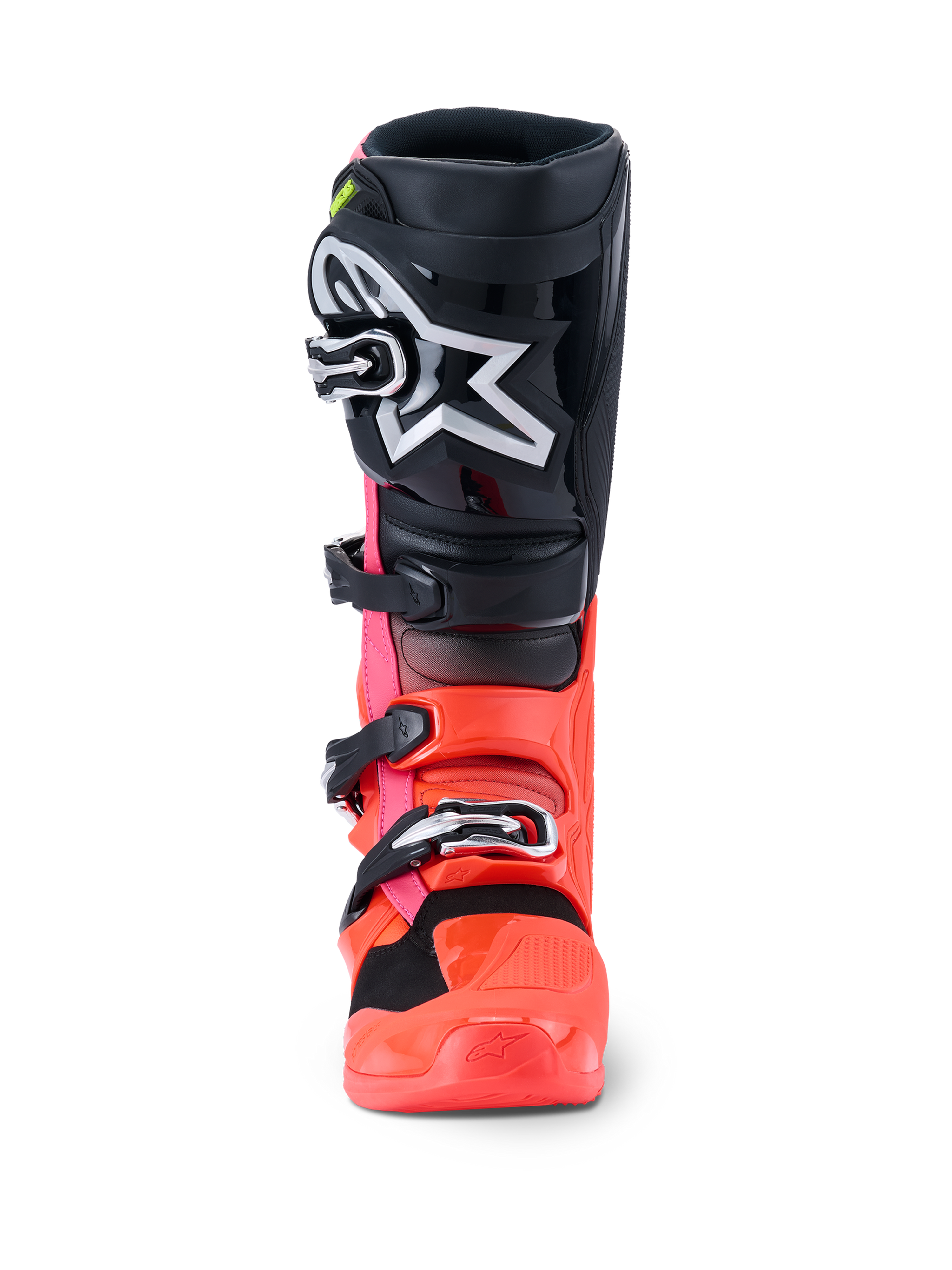 Alpinestars Tech 7 Boots, Motocross Boots, Black Red Fluo and Pink Fluo, front view featuring black shin plate with large white Astars logo, fluorescent red and pink lower chassis, and silver buckle closure system