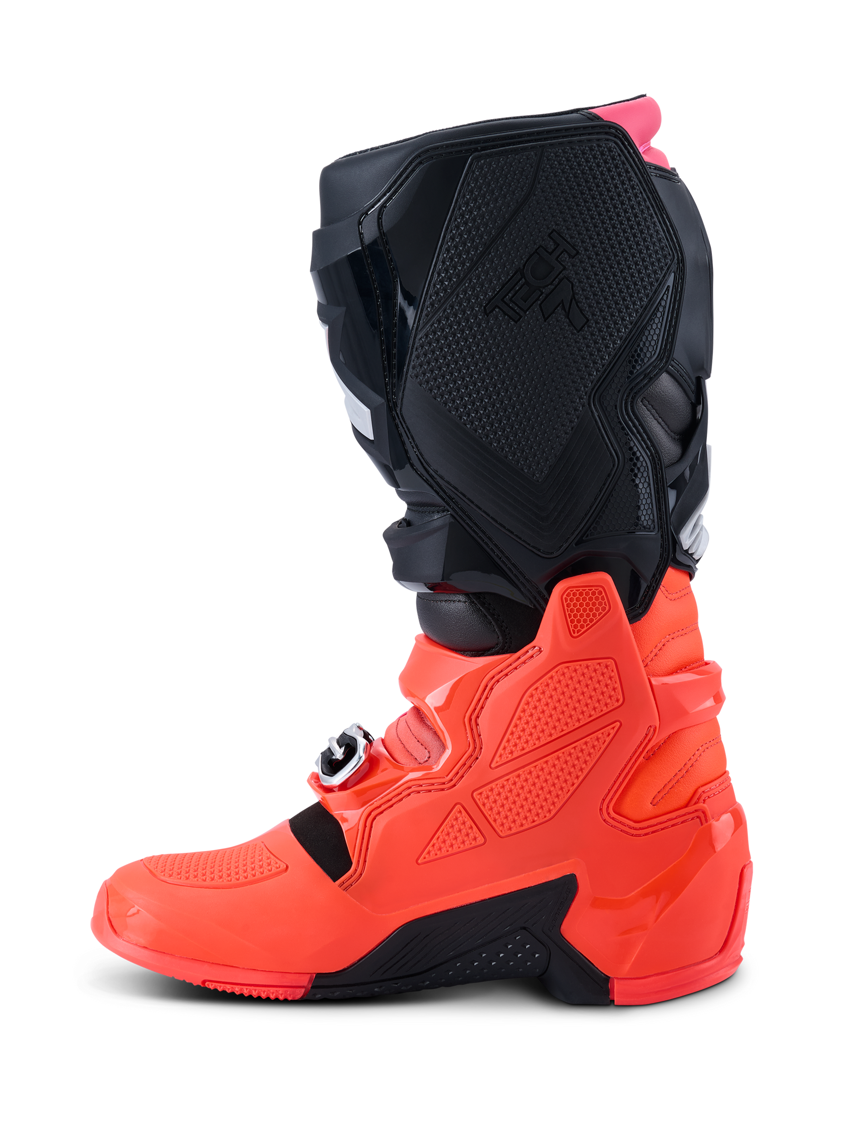 Alpinestars Tech 7 Boots, Motocross Boots, Black Red Fluo and Pink Fluo, side profile view highlighting the TPU lower shell, buckle closure system, and textured protection panels for off-road performance