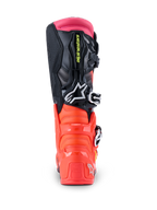 Alpinestars Tech 7 Boots, Motocross Boots, Black Red Fluo and Pink Fluo, rear view showcasing the reinforced TPU heel, multi-material upper, and pink top gaiter.