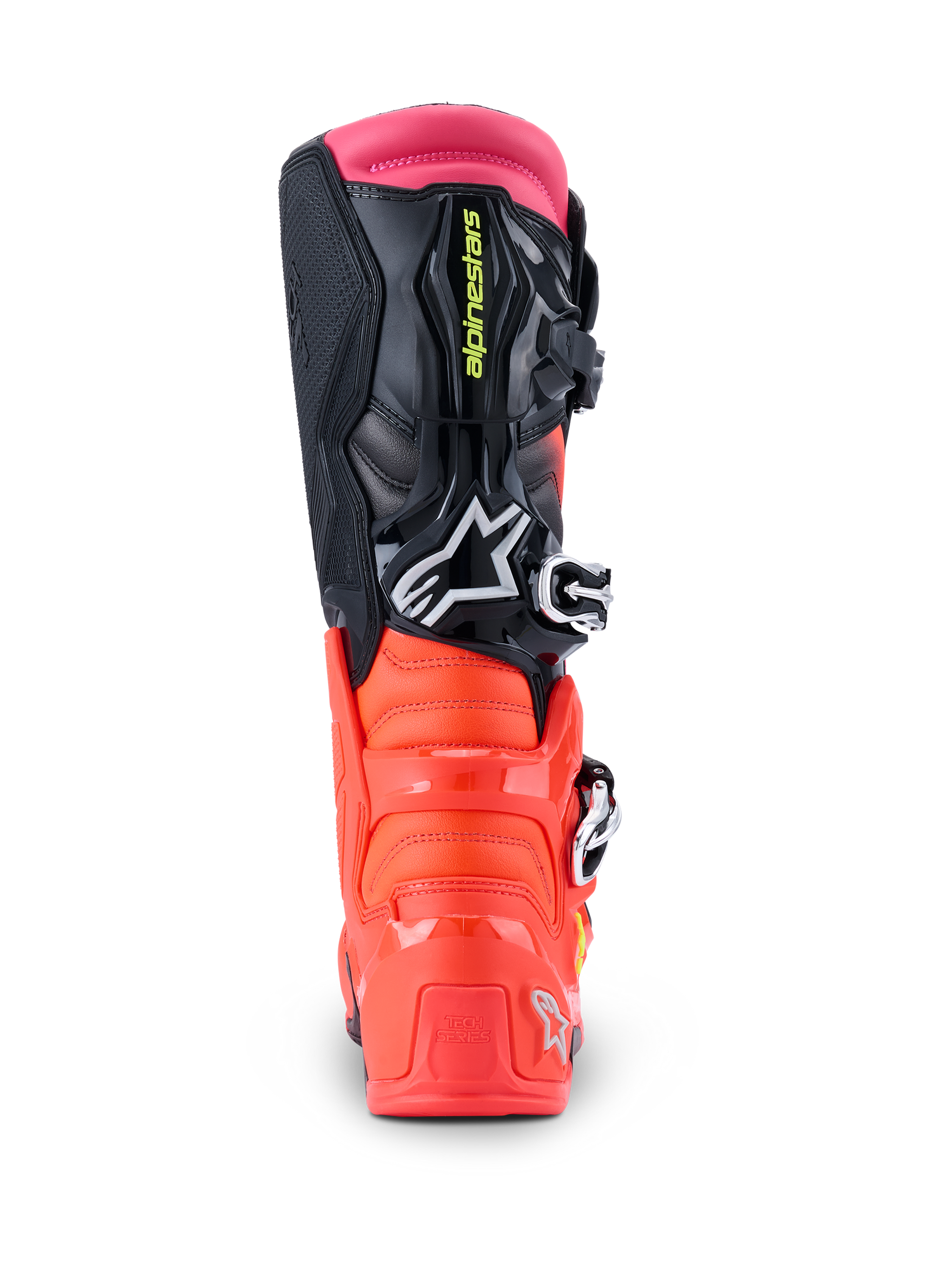 Alpinestars Tech 7 Boots, Motocross Boots, Black Red Fluo and Pink Fluo, rear view showcasing the reinforced TPU heel, multi-material upper, and pink top gaiter.