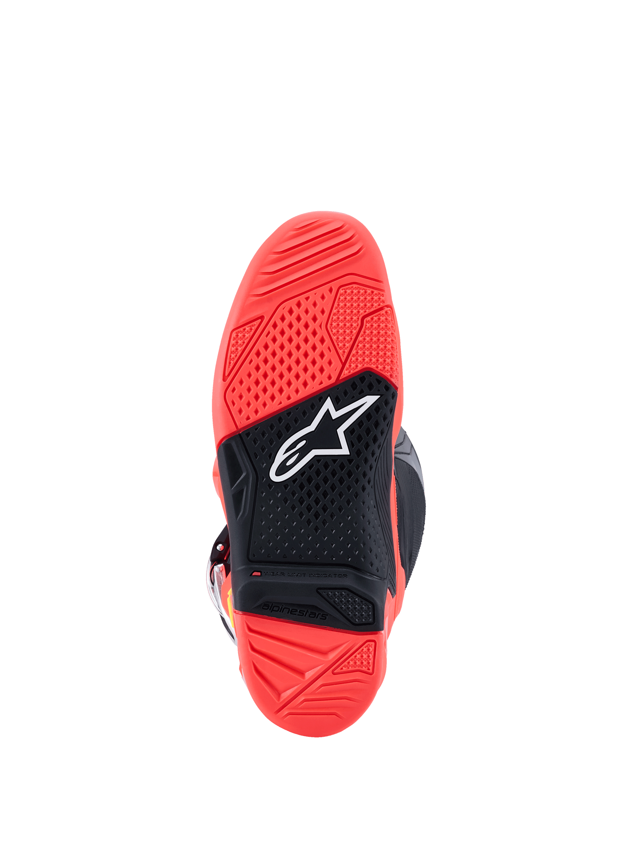 Alpinestars Tech 7 Boots, Outsole view, Bright Fluorescent Red and Black, featuring a textured dual-compound rubber sole with a white Alpinestars star logo and a wear limit indicator