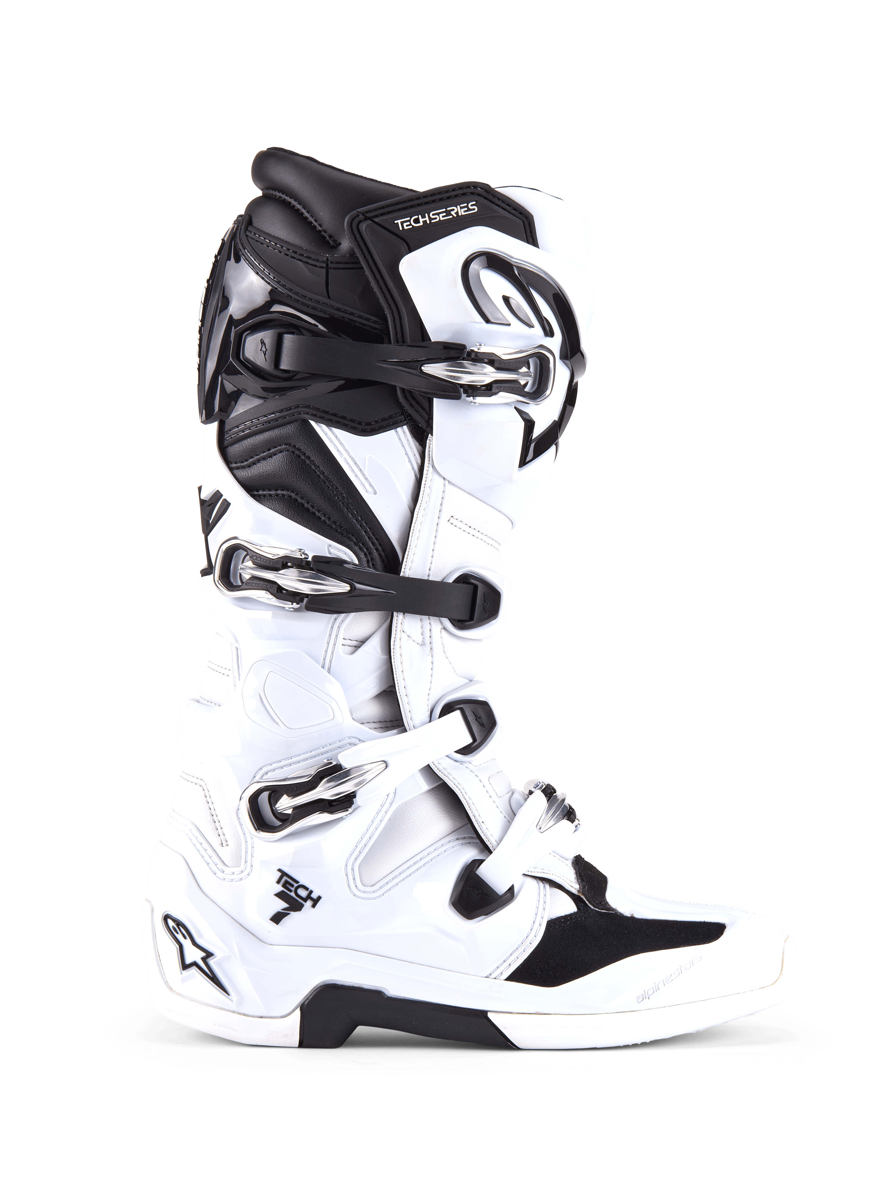 Alpinestars Tech 7 Boots, Motocross Off-Road Boots, White and Black, featuring four adjustable buckles and reinforced TPU shell, side profile of professional off-road footwear