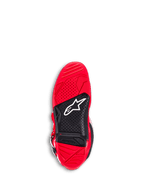 Alpinestars Tech 7 Boots, Motocross Boots, Bright Red, bottom view of the outsole, featuring red and black dual-compound rubber, textured grip for footpegs, white Astar logo, and a visible wear limit indicator.