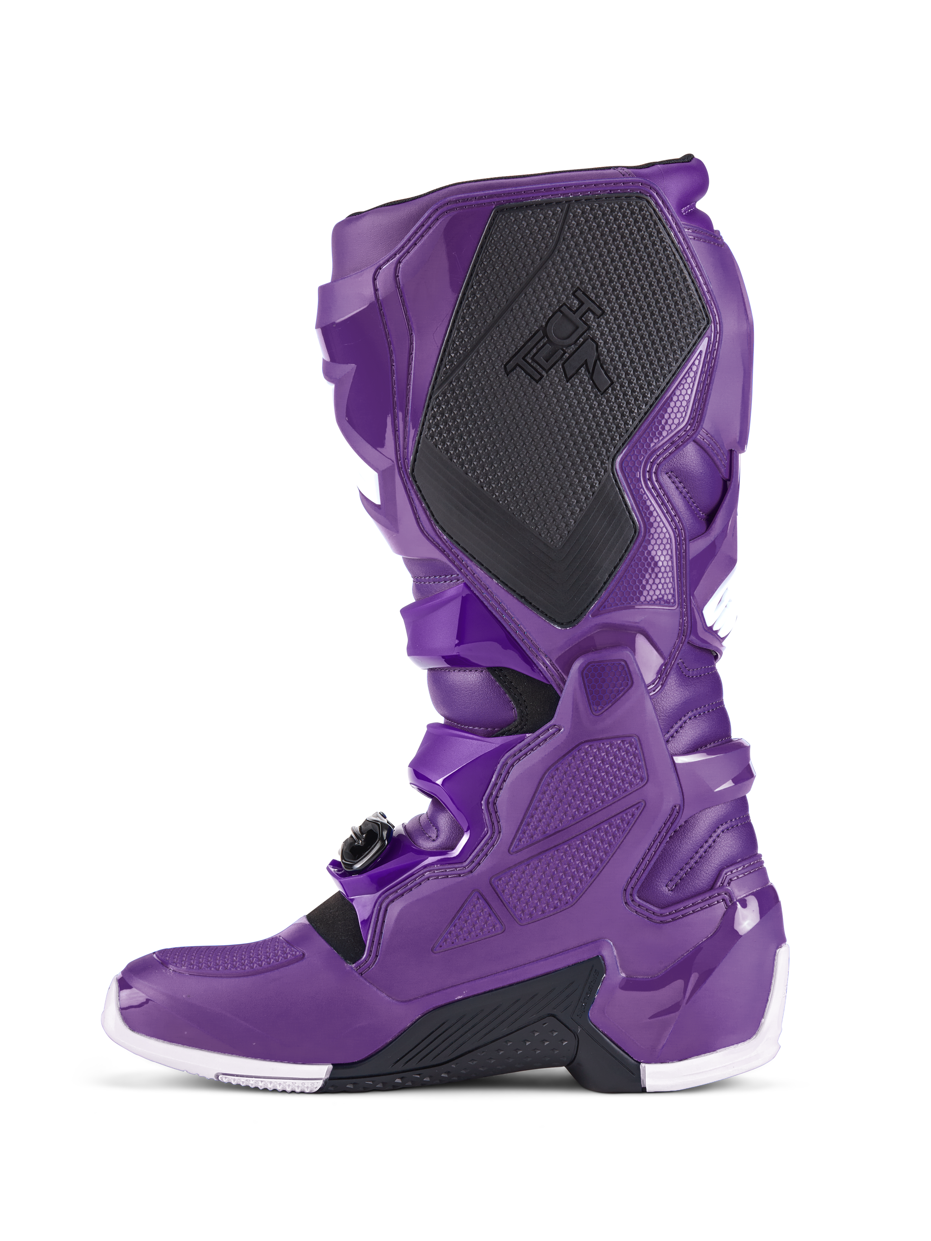 Alpinestars Tech 7 Boots, Purple Motocross Boots, side profile view showing black textured calf protection with TECH 7 branding, purple TPU shell, secure buckle system, and white accents on the sole, specialized footwear for off-road racing