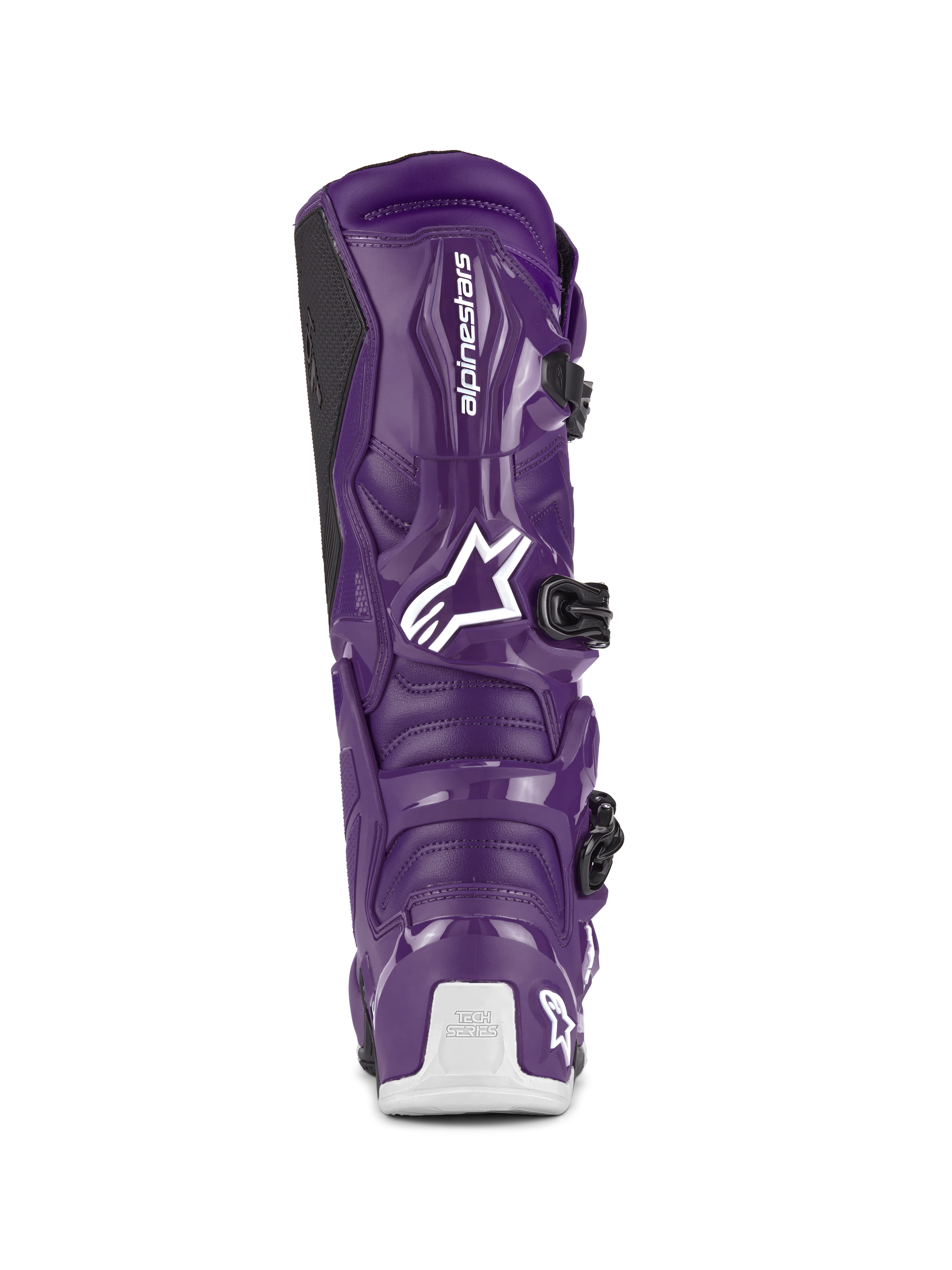 Alpinestars Tech 7 Boots, Motocross Boots, Purple, rear view showcasing white Alpinestars logo and Tech Series heel branding, black buckle closures, durable TPU and synthetic construction for off-road racing