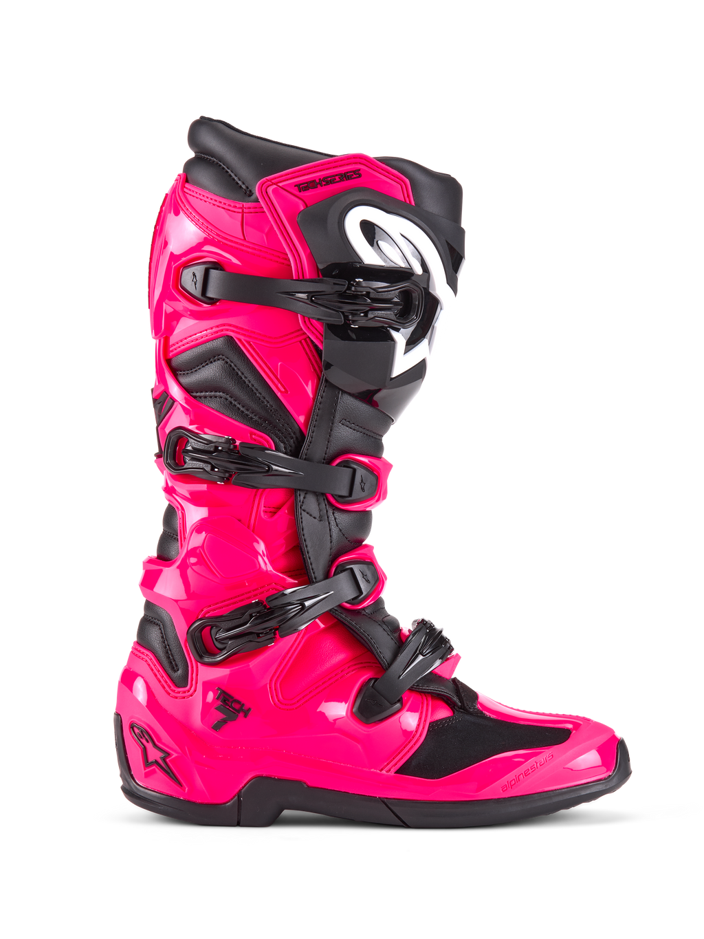 Alpinestars Tech 7 Boots, Motocross Off-Road Boots, Diva Pink and Black, glossy pink TPU shell with black accents, four adjustable black buckles, reinforced shin guard, professional racing footwear