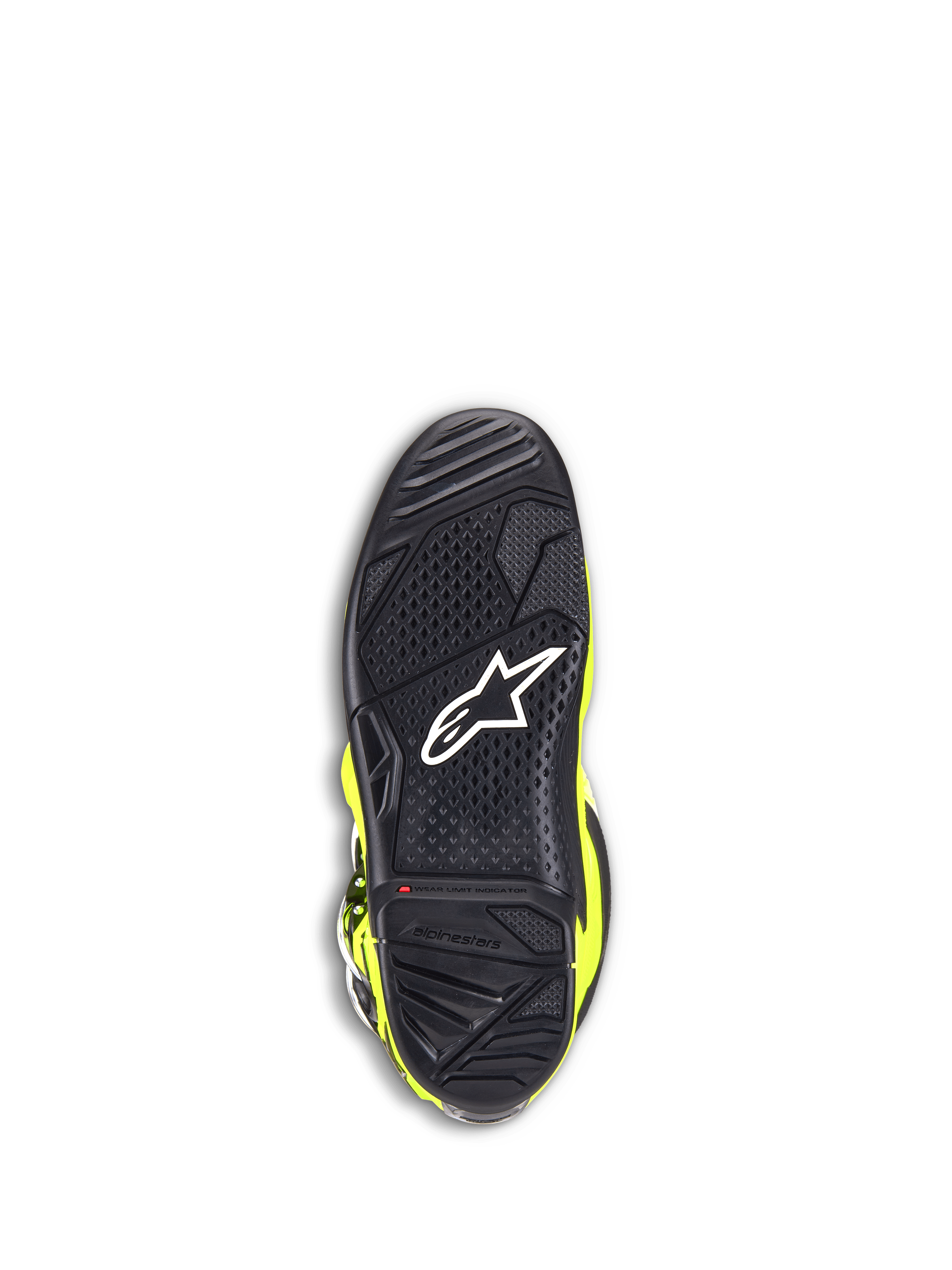Alpinestars Tech 7 Boots, Motocross Boots, Yellow Fluo and Black, bottom view of the black rubber sole featuring a textured grip pattern, white star logo, and a red wear limit indicator for off-road durability
