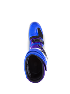 Alpinestars Tech 7 Boots, Motocross Boots, Blue with purple and black accents, top-down view showing the interior lining and buckle system, durable TPU and microfiber construction for off-road performance