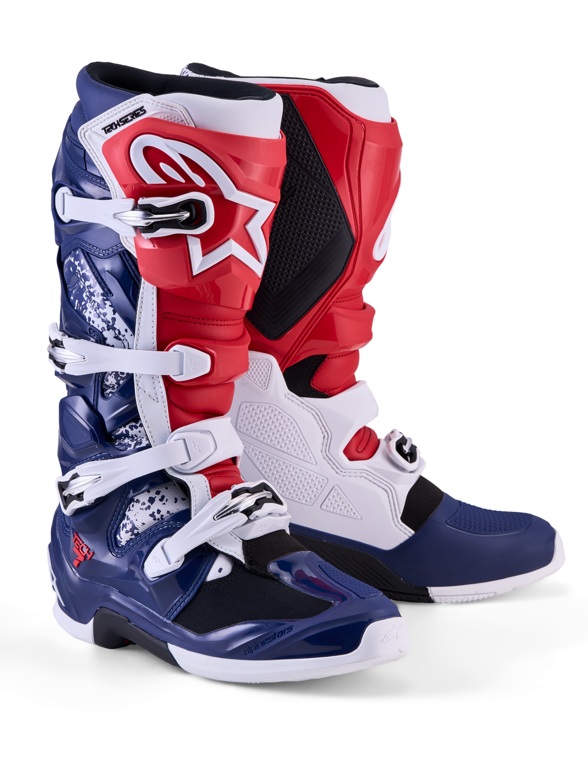 Alpinestars Limited Edition Tech 7 Unity Boots, motocross boots in red, white, and blue with TPU armor and buckle closure.