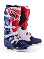 Alpinestars Limited Edition Tech 7 Unity Boots, motocross boots in red, white, and blue with TPU armor and buckle closure.