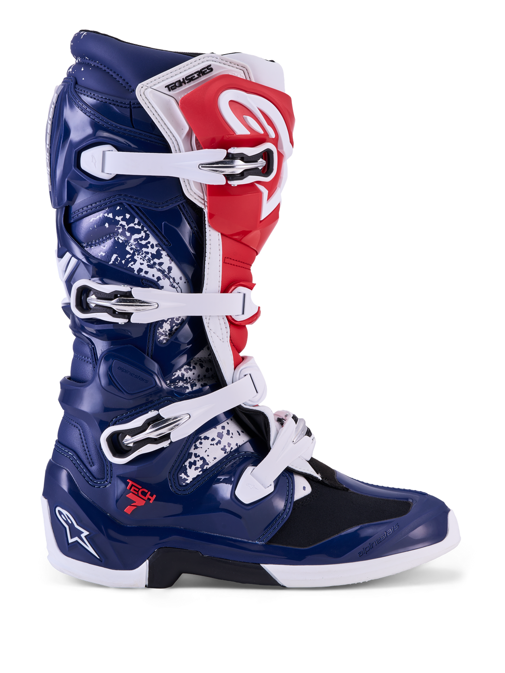 Alpinestars Tech 7 Unity Motocross Boots in red, white, and blue with protective TPU shell and buckle closure.