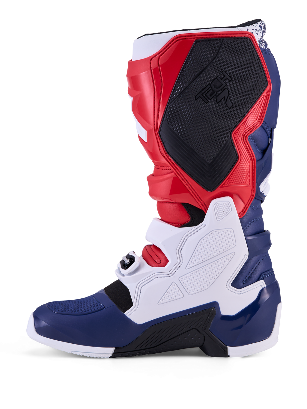 Alpinestars Limited Edition Tech 7 Unity Motocross Boots, Red, White, and Blue, with protective TPU panels and secure buckles.