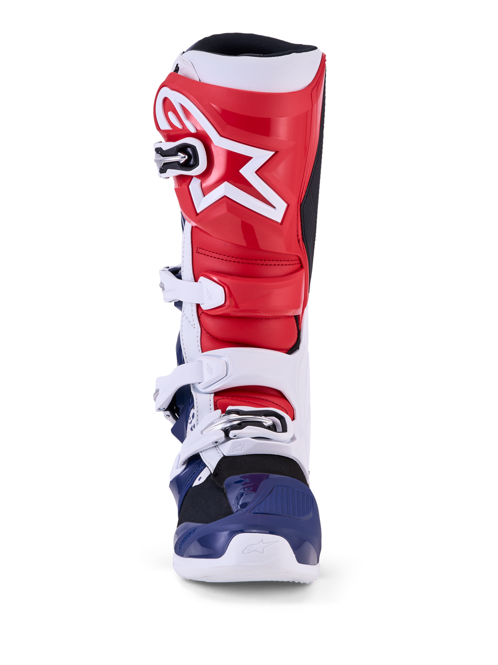 Alpinestars Limited Edition Tech 7 Unity Boots, motocross racing boots, red, white, and blue, with protective TPU construction.