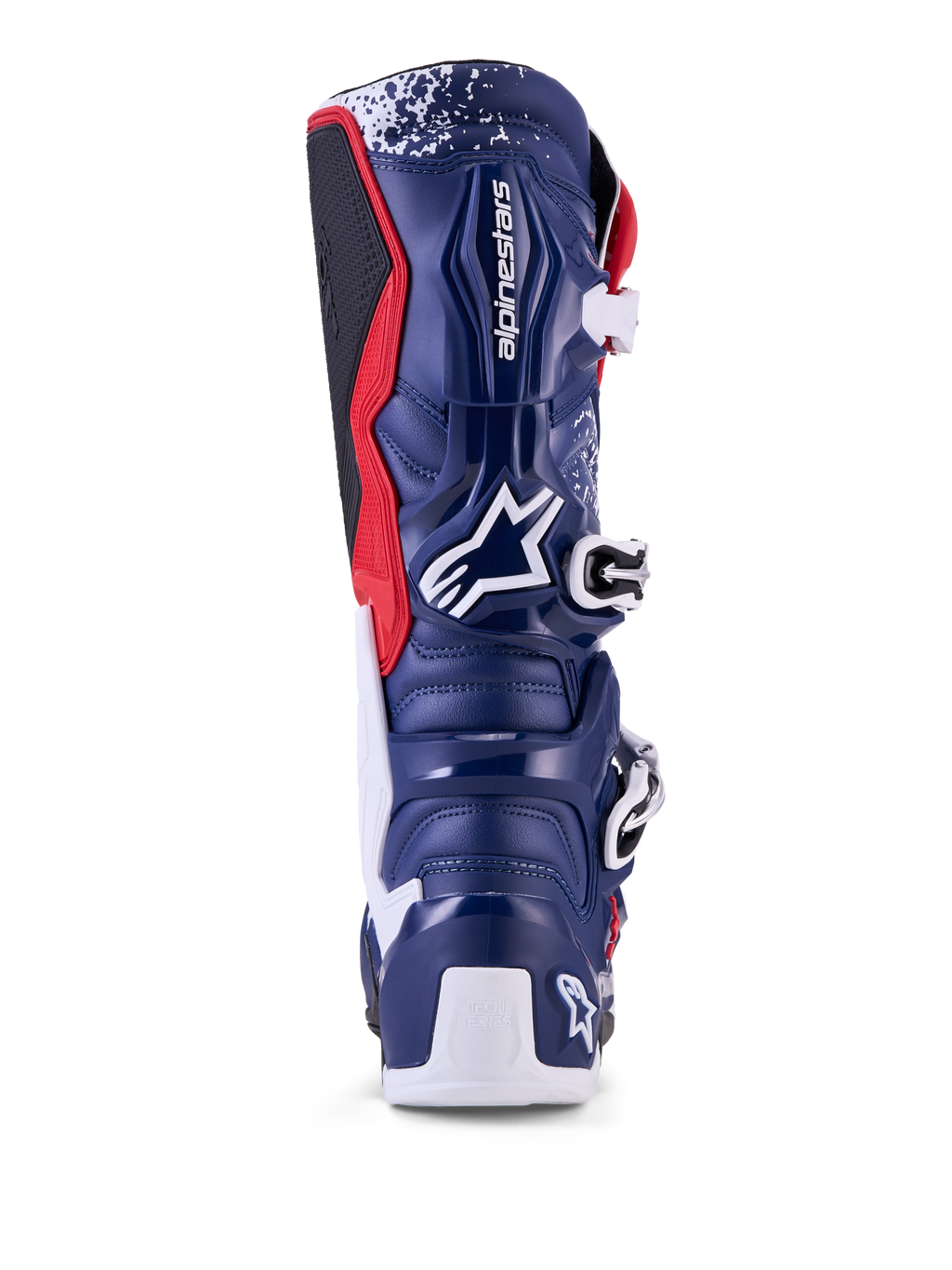 Alpinestars Limited Edition Tech 7 Unity Boots, Red White and Blue motocross boots, rear view showing protective TPU shell.
